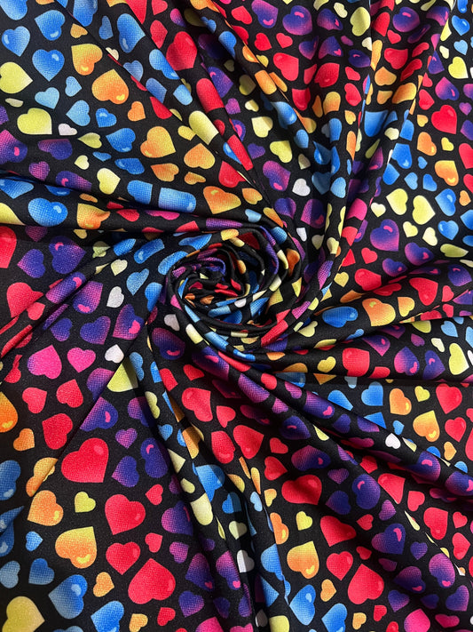 New Rainbow Hearts pattern design print on nylon spandex 4-way stretch 58/60”sold by the YD.ships worldwide from Los Angeles California USA.