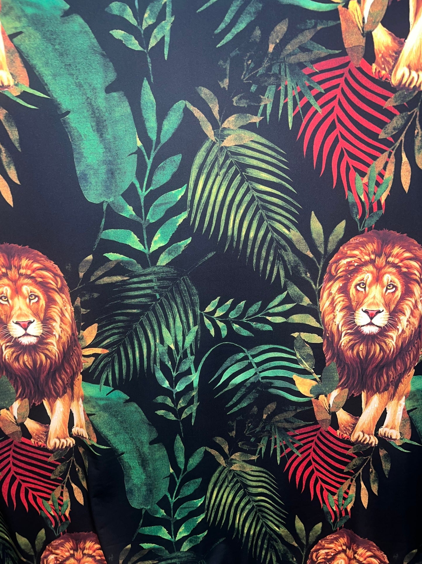 Lion in the jungle print on the best quality of nylon spandex 4way stretch 58/60”Sold by the YD.Ships worldwide from Los Angeles CA.