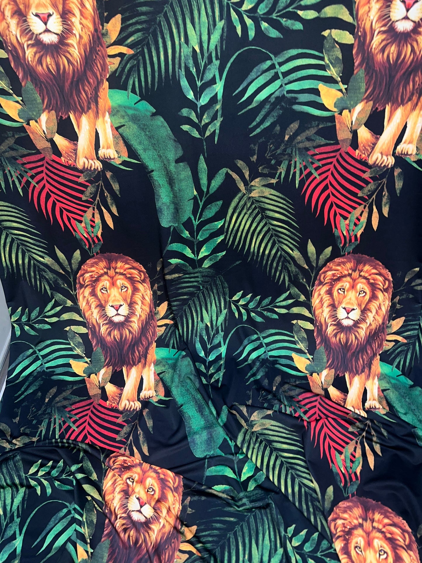 Lion in the jungle print on the best quality of nylon spandex 4way stretch 58/60”Sold by the YD.Ships worldwide from Los Angeles CA.