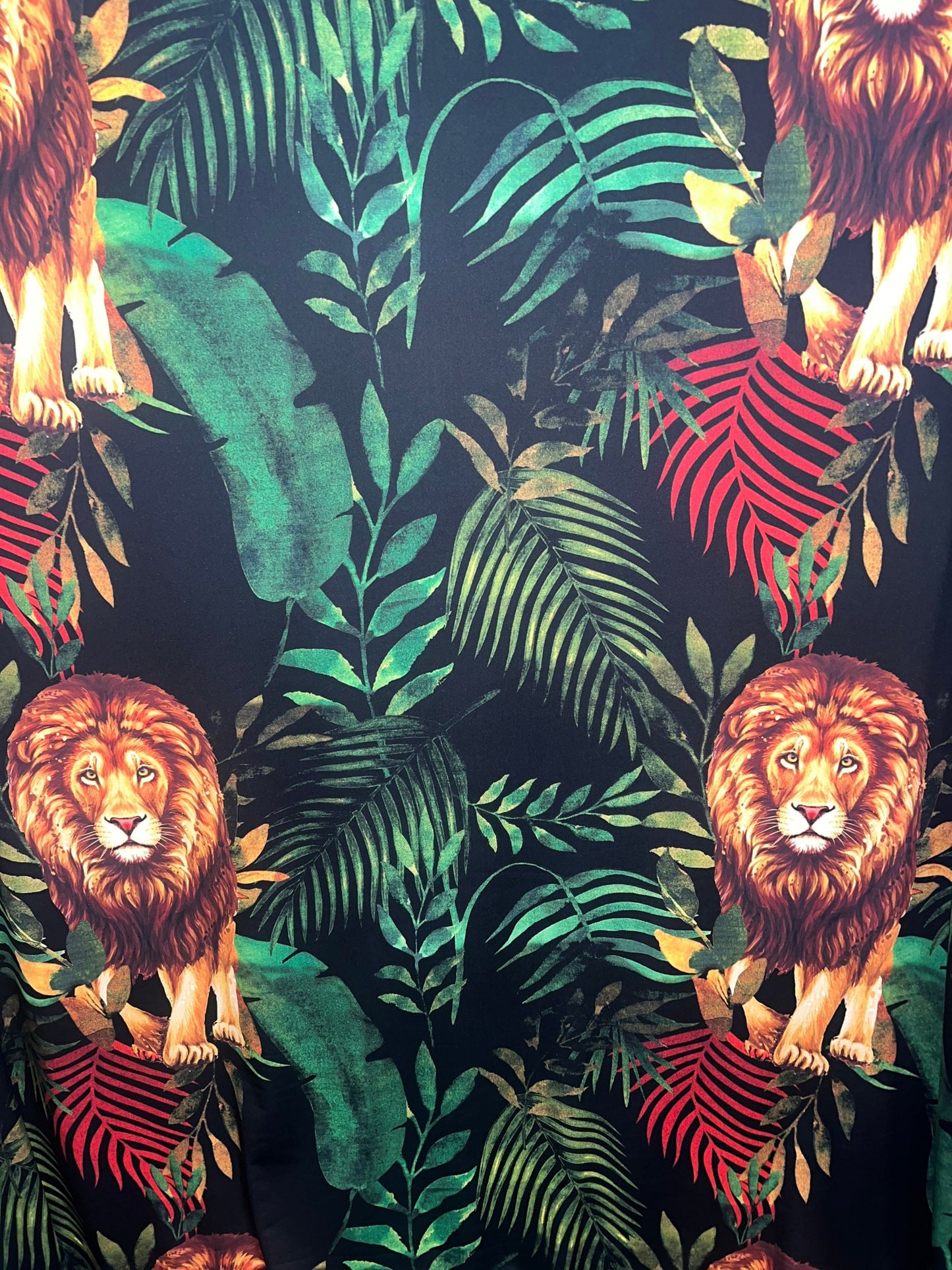 Lion in the jungle print on the best quality of nylon spandex 4way stretch 58/60”Sold by the YD.Ships worldwide from Los Angeles CA.