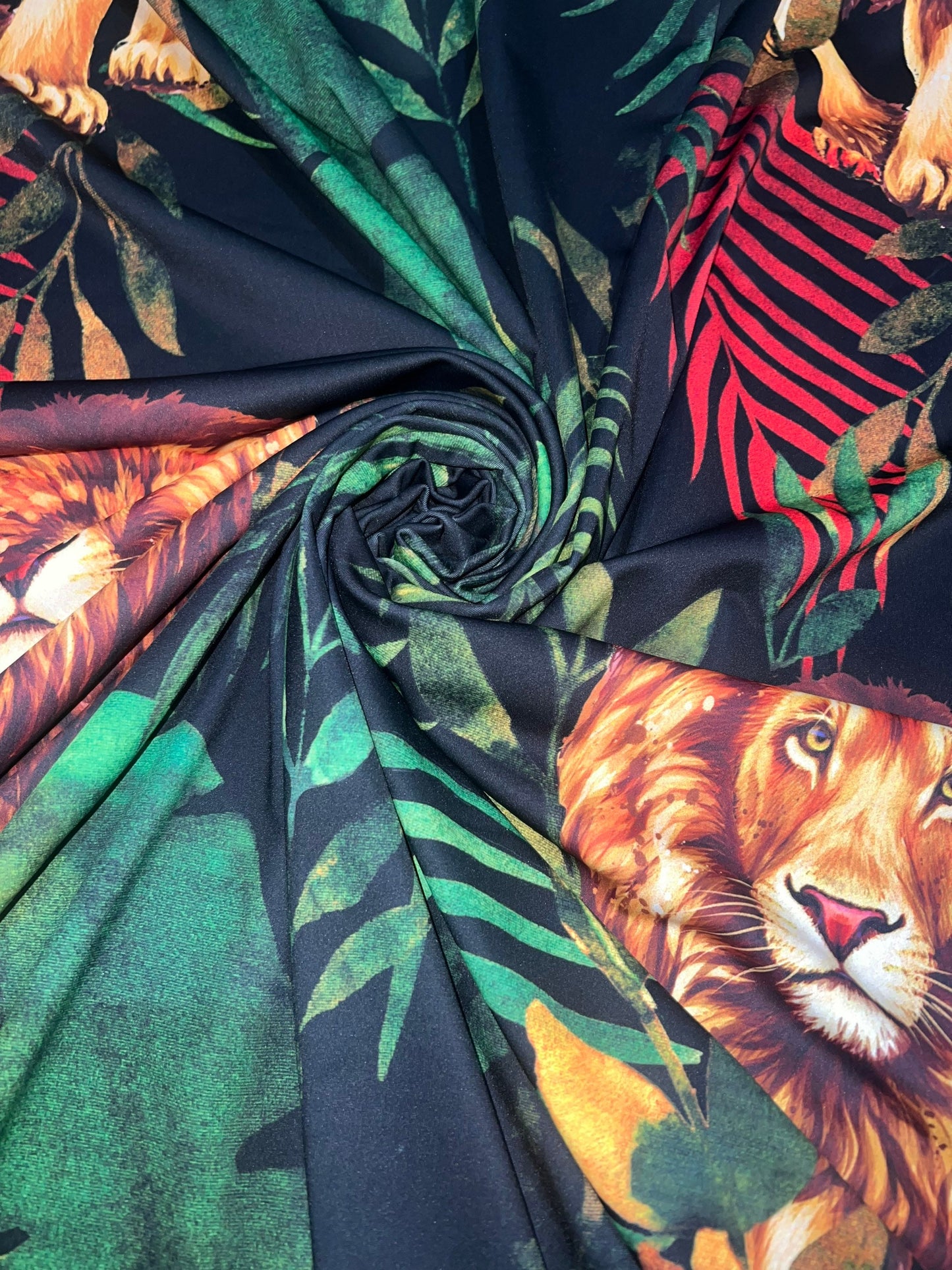 Lion in the jungle print on the best quality of nylon spandex 4way stretch 58/60”Sold by the YD.Ships worldwide from Los Angeles CA.