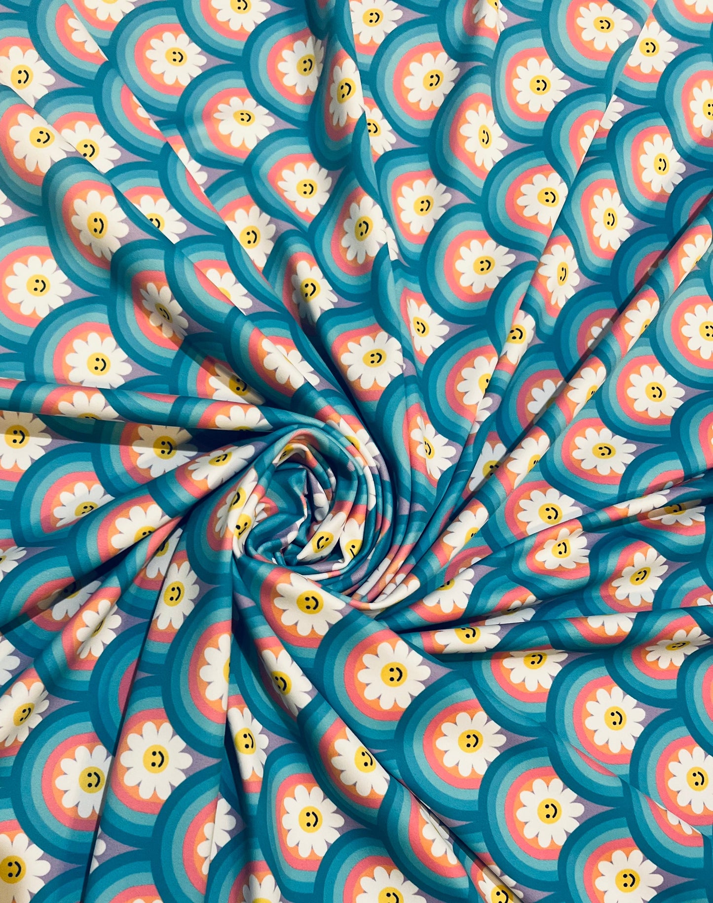 New Daisy Smile design print on the best quality of nylon spandex 4-way stretch 58/60”sold by the YD.Ships worldwide from Los Angeles CA USA