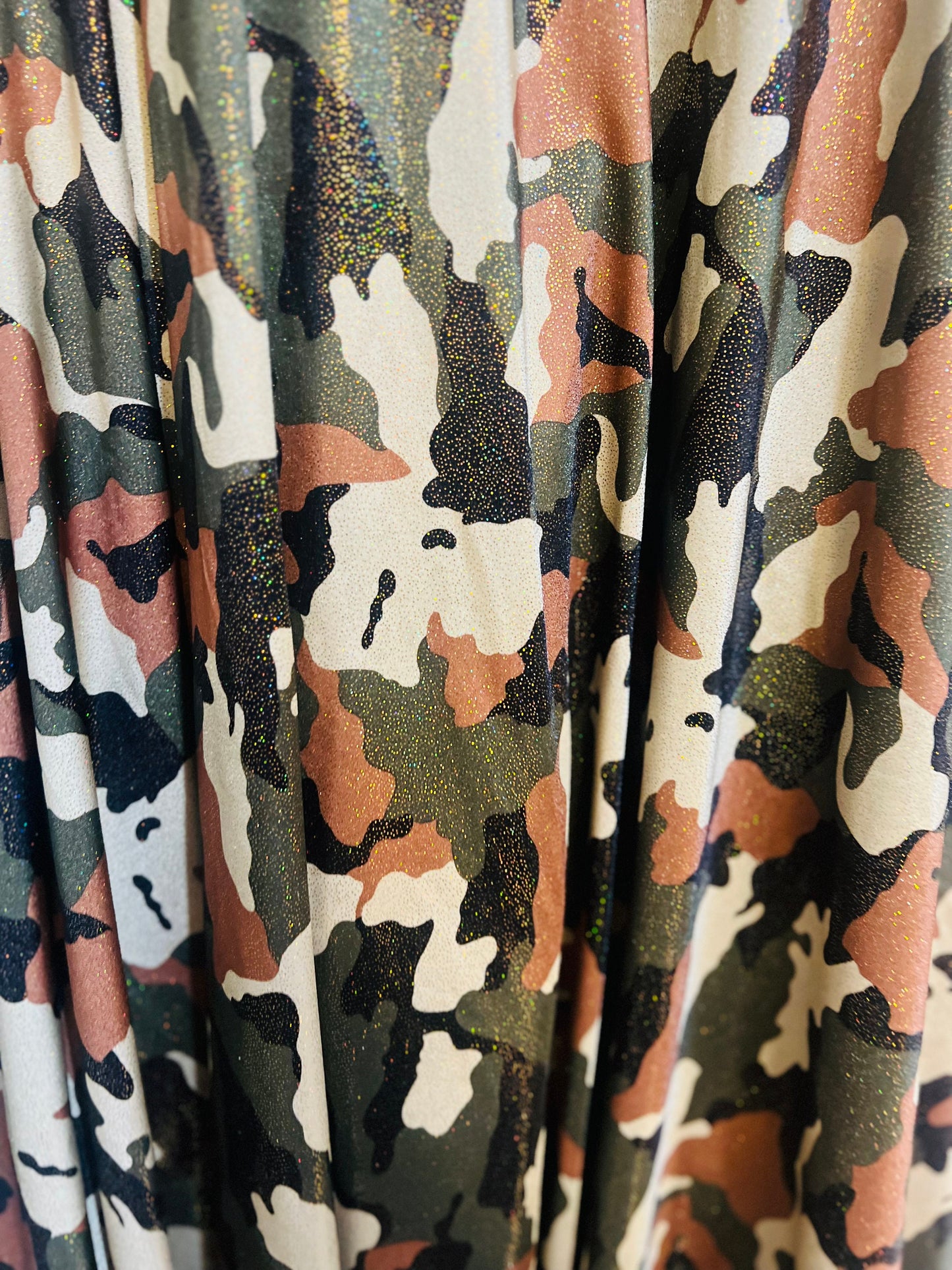 Army Camouflage pattern design print on foggy foil nylon spandex 4-way stretch 58/60”Sold by the YD.Ships worldwide from Los Angeles CA.