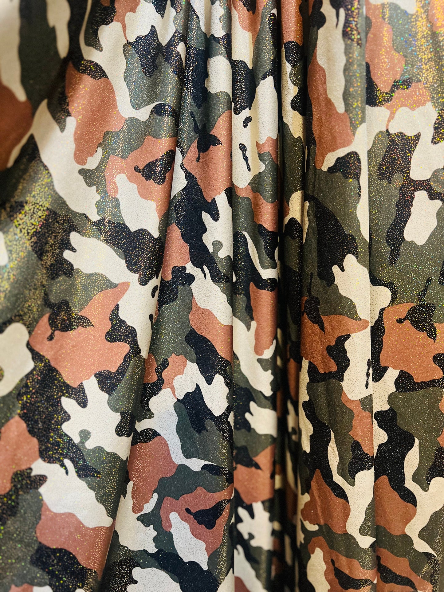 Army Camouflage pattern design print on foggy foil nylon spandex 4-way stretch 58/60”Sold by the YD.Ships worldwide from Los Angeles CA.