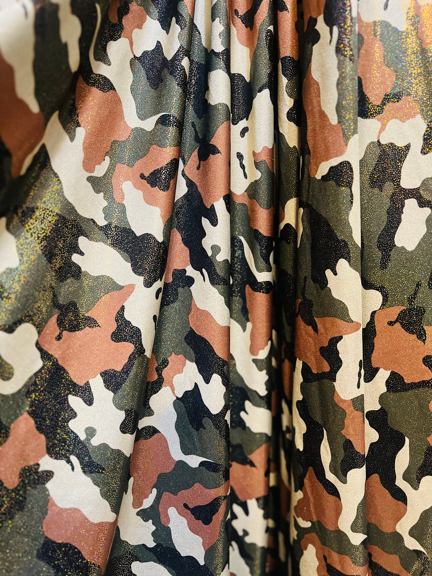 Army Camouflage pattern design print on foggy foil nylon spandex 4-way stretch 58/60”Sold by the YD.Ships worldwide from Los Angeles CA.