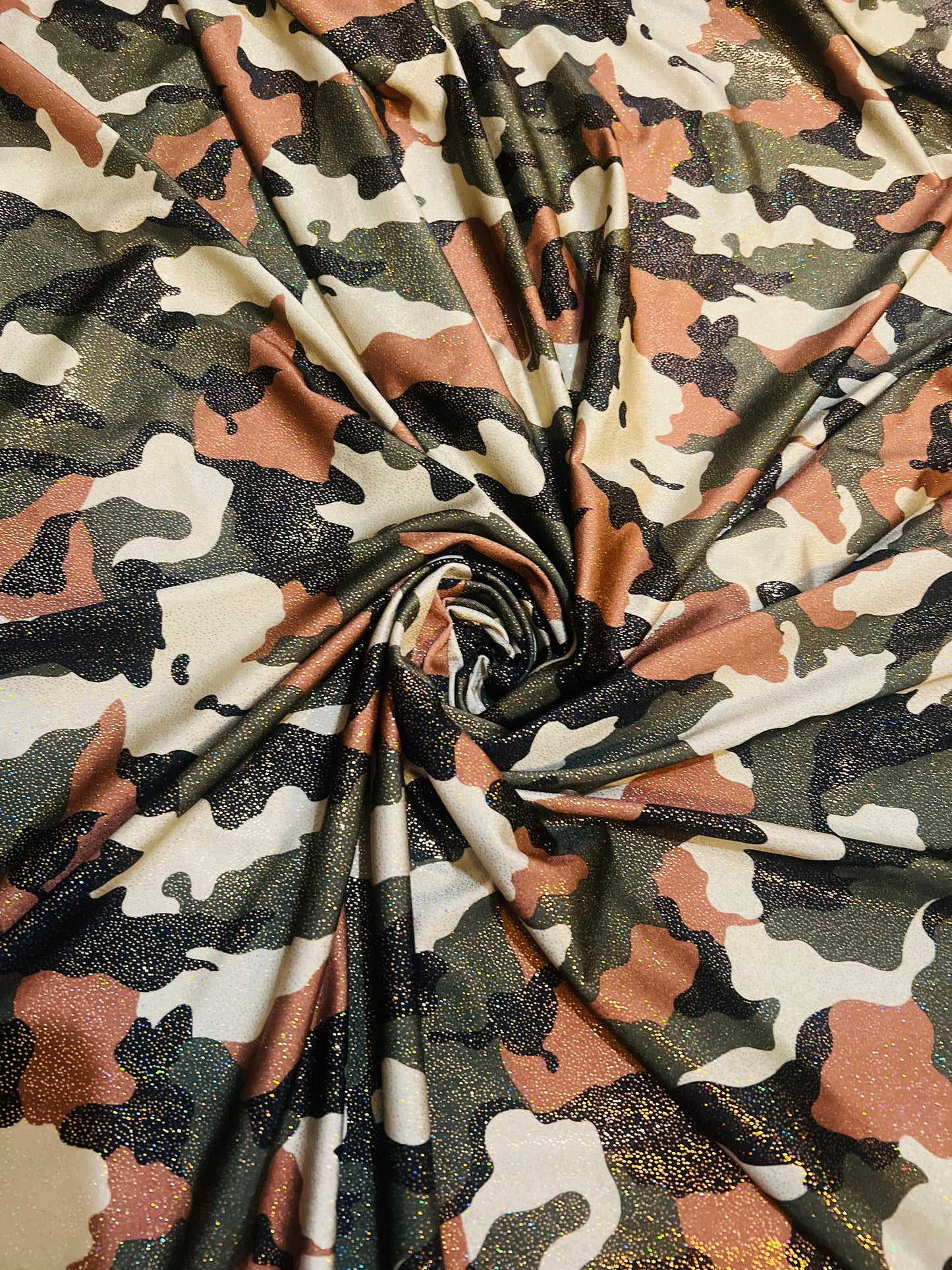 Army Camouflage pattern design print on foggy foil nylon spandex 4-way stretch 58/60”Sold by the YD.Ships worldwide from Los Angeles CA.