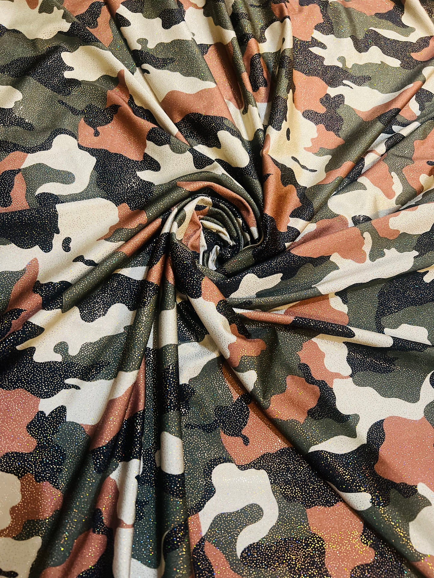 Army Camouflage pattern design print on foggy foil nylon spandex 4-way stretch 58/60”Sold by the YD.Ships worldwide from Los Angeles CA.