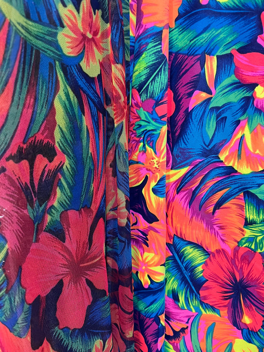 New Hawaiian flowers design print on the best quality of nylon spandex and mesh 4-way stretch 58/60”sold by the YD.Ships worldwide from LA.