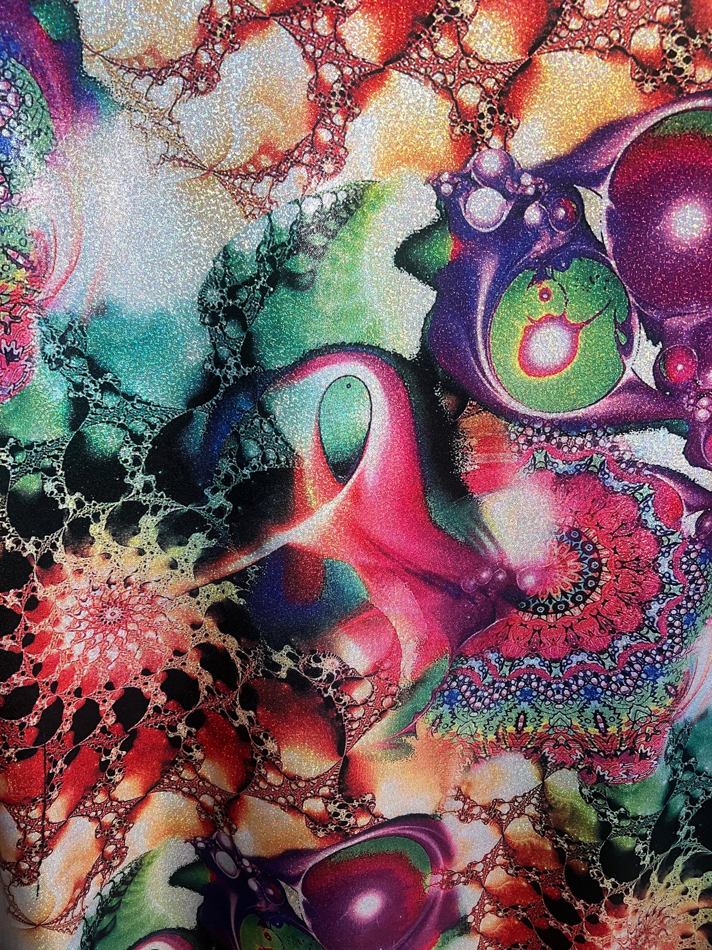 New abstract art design print on nylon spandex with foggy foil 4-way stretch 58/60”Sold by the YD.Ships worldwide from Los Angeles CA.