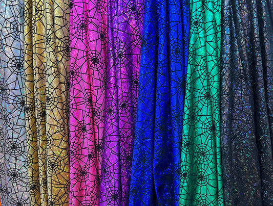 New Spiderwebs design print on hologram metallic nylon spandex with flocking 4-way stretch 58/60”sold by the YD.Ships worldwide from LA USA.
