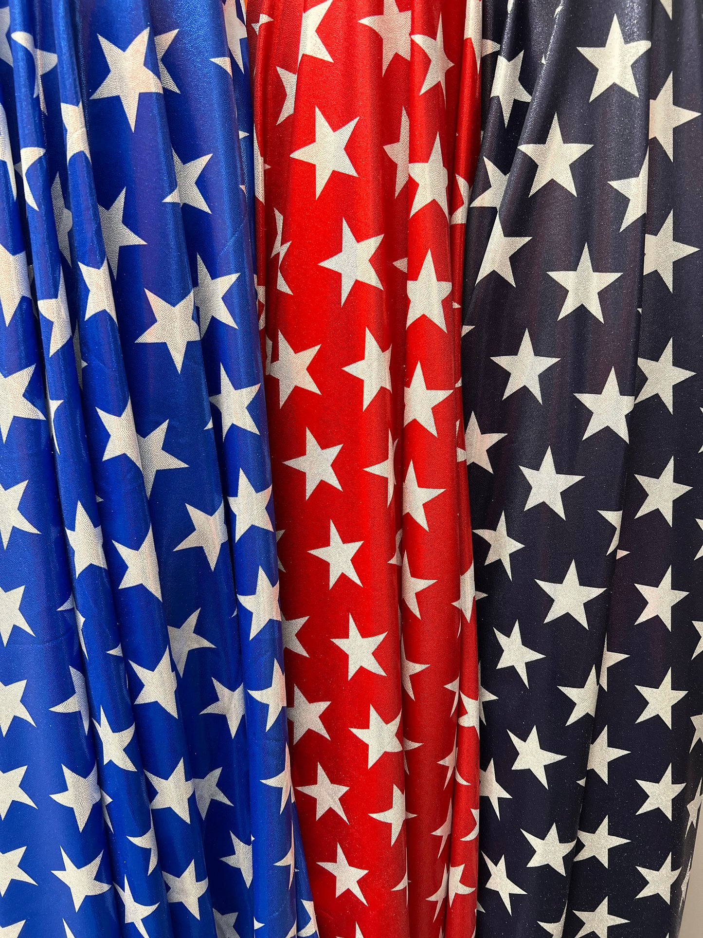 Patriotic stars pattern design print on metallic nylon spandex 4way stretch 58/60”sold by the YD.Ships worldwide from Los Angeles CA.