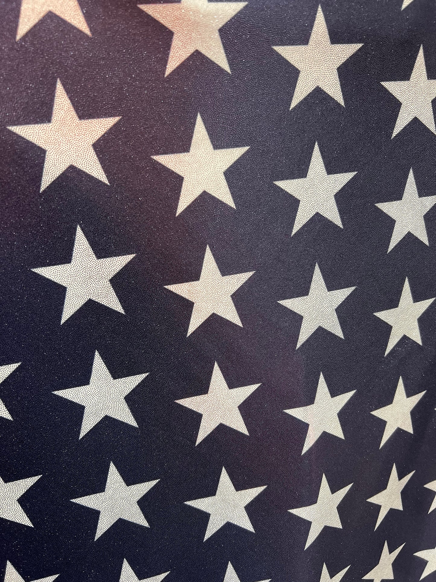 Patriotic stars pattern design print on metallic nylon spandex 4way stretch 58/60”sold by the YD.Ships worldwide from Los Angeles CA.