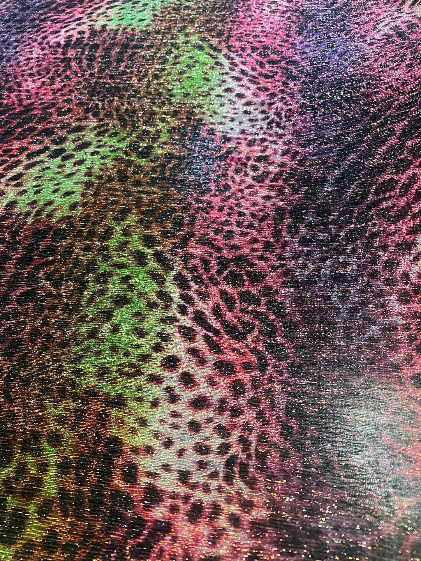 Leopard tie dye design print on pleated metallic mesh 4-way stretch 58/60”Sold by the YD.Ships worldwide from Los Angeles California USA