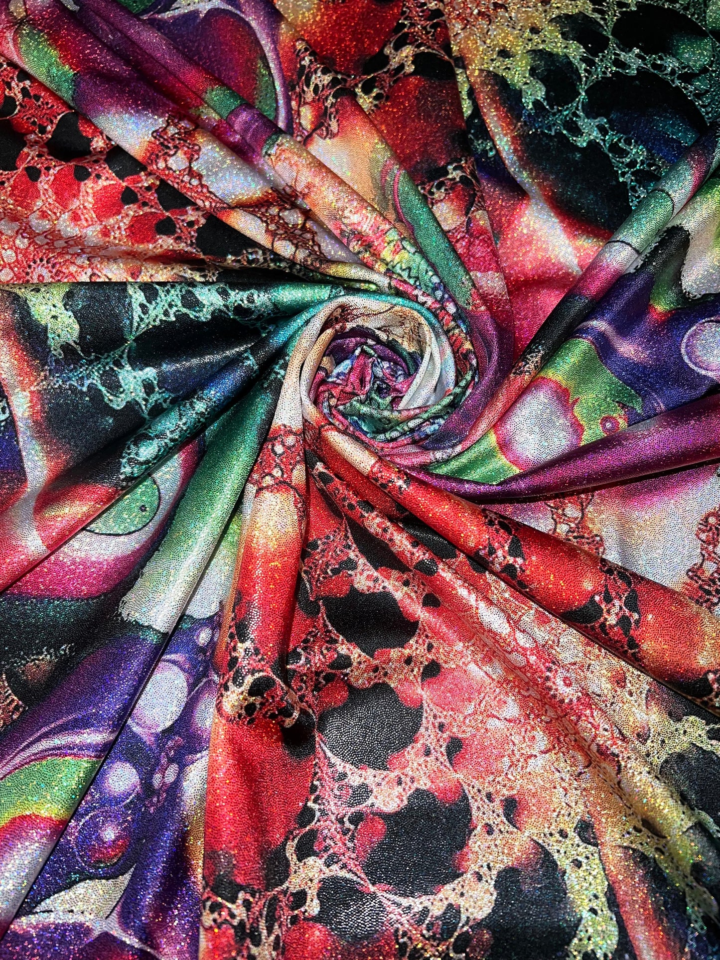 New abstract art design print on nylon spandex with foggy foil 4-way stretch 58/60”Sold by the YD.Ships worldwide from Los Angeles CA.