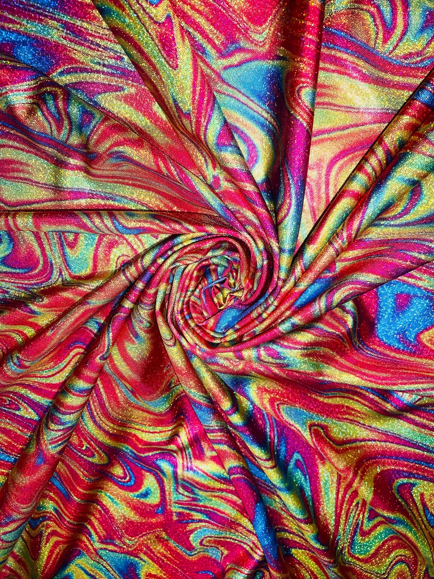 Multicolor lava lamp design print on the best quality of nylon spandex with foil 4-way stretch 58/60”Sold by the YD.Ships worldwide from LA.