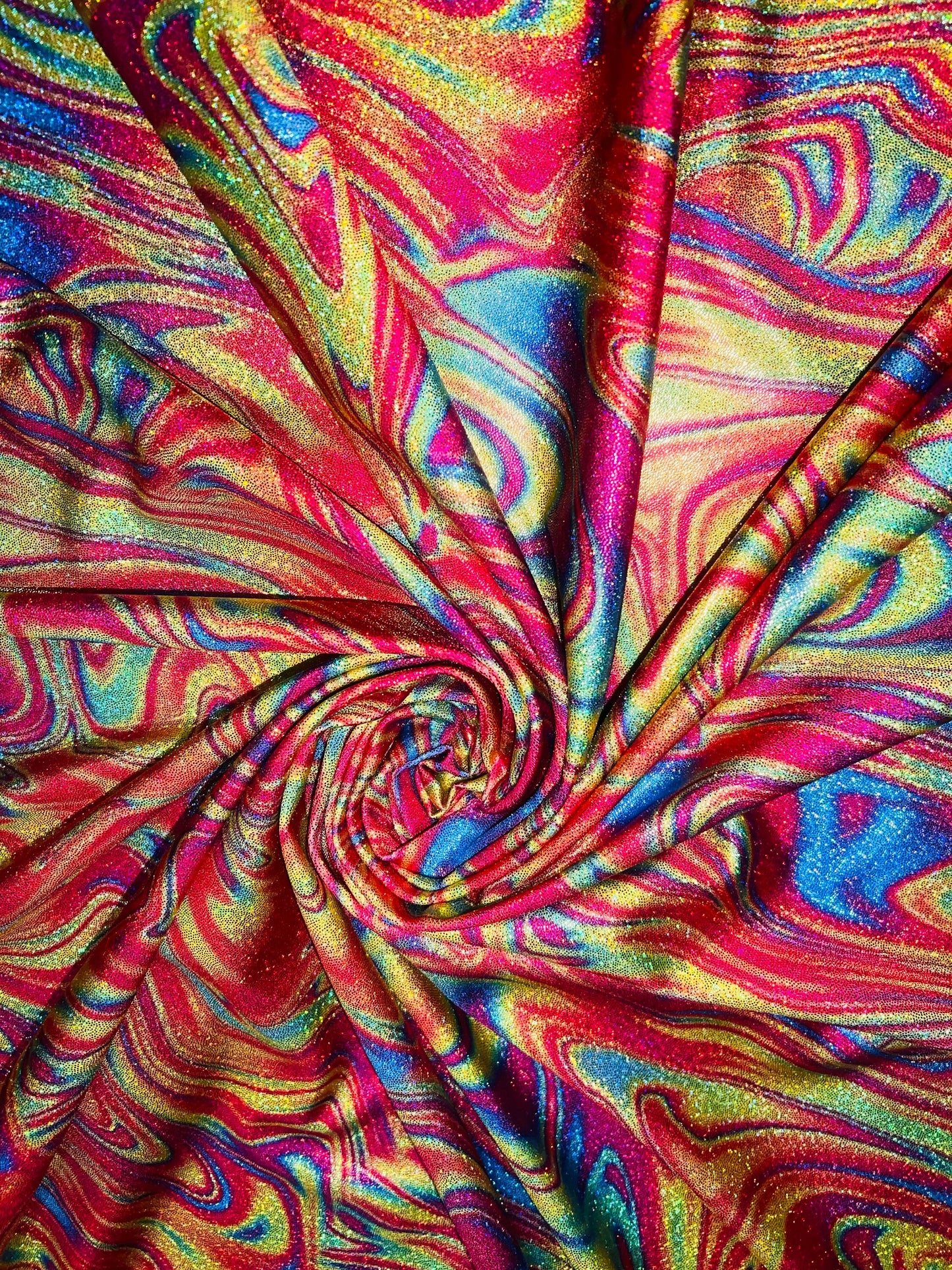 Multicolor lava lamp design print on the best quality of nylon spandex with foil 4-way stretch 58/60”Sold by the YD.Ships worldwide from LA.