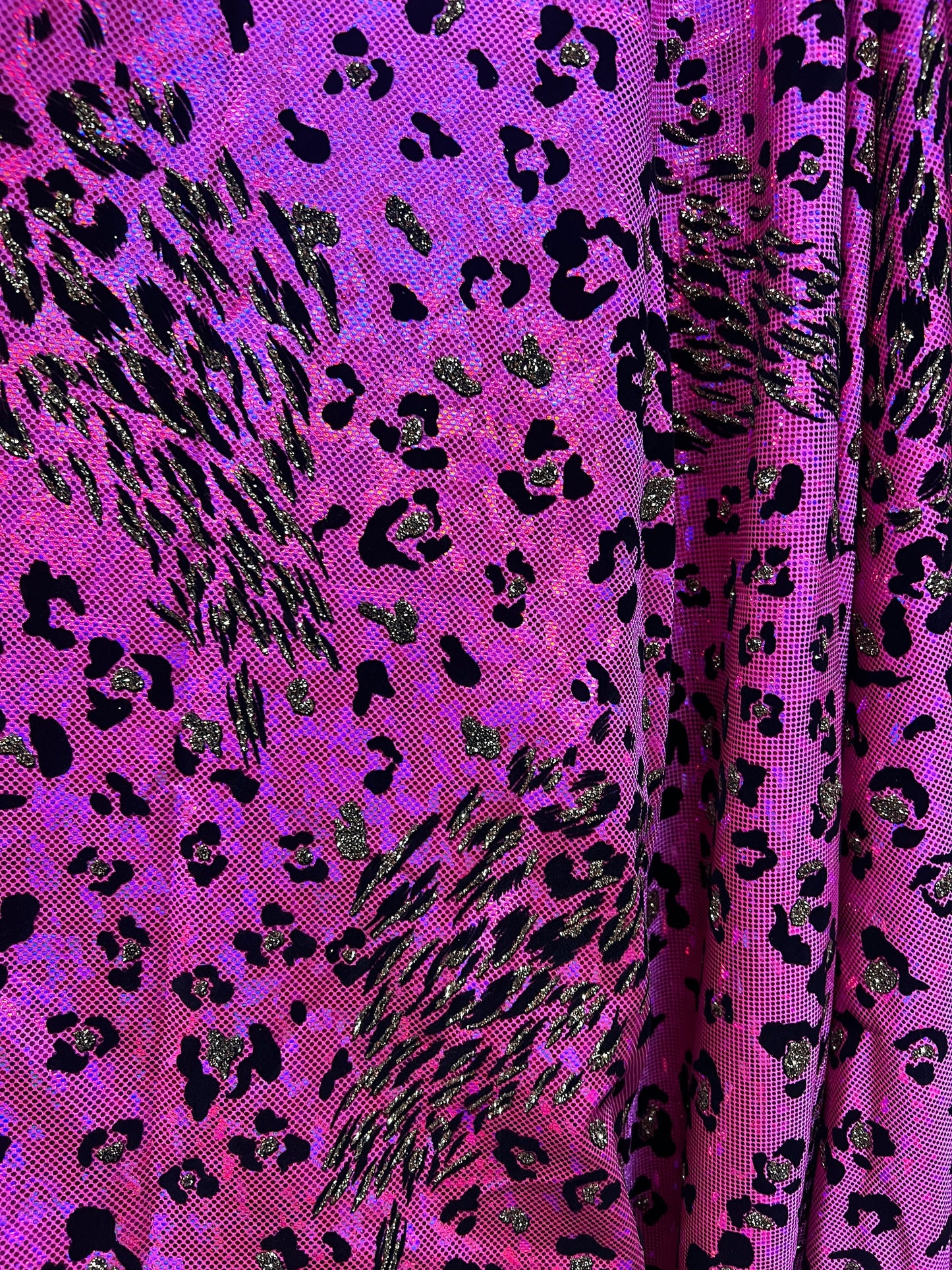 New Safari wild cats design print on hologram metallic nylon spandex with flocking 4way stretch 58/60”sold by the YD.Ships worldwide from LA