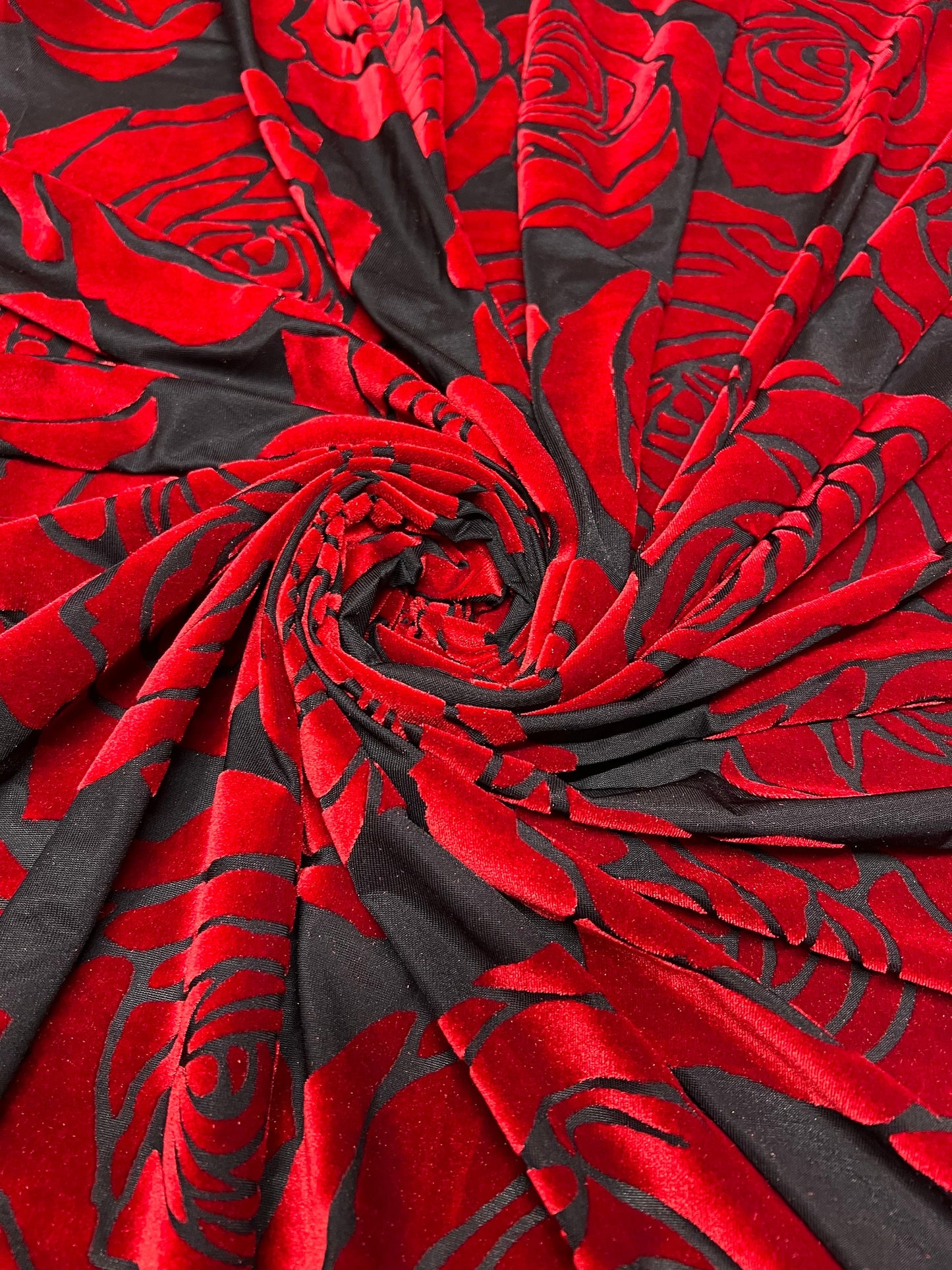 Dk red roses burnout velvet 4-stretch 58/60”sold by the YD. ships worldwide from Los Angeles California USA