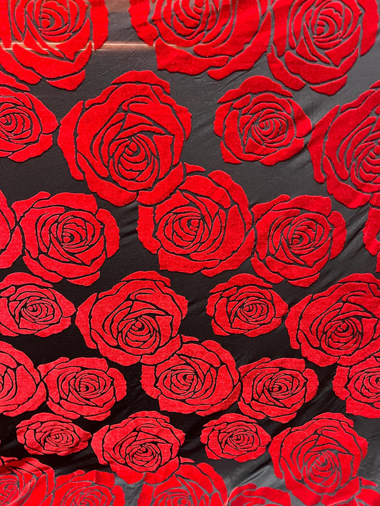 Dk red roses burnout velvet 4-stretch 58/60”sold by the YD. ships worldwide from Los Angeles California USA