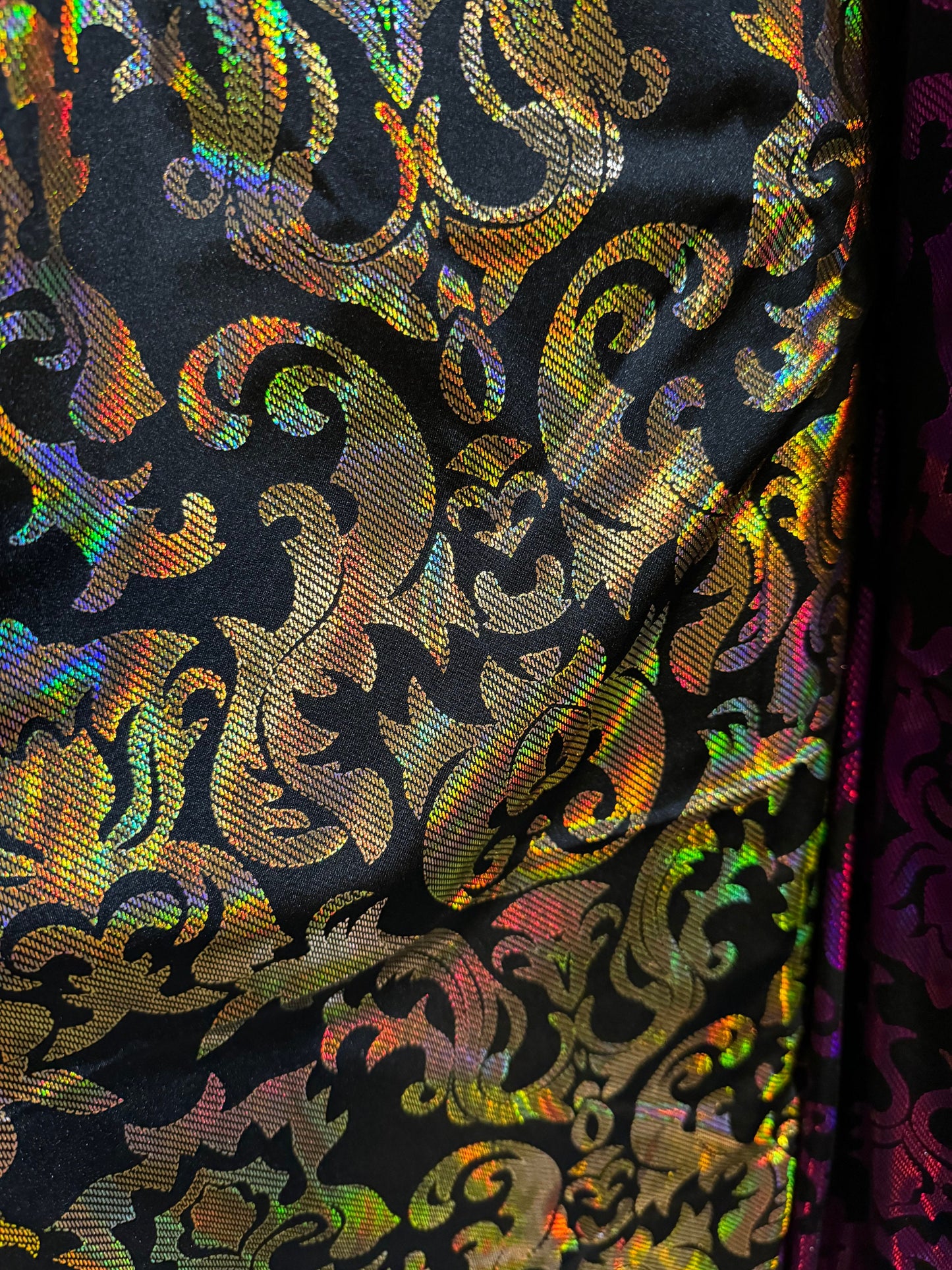 New iridescent damask design hologram metallic nylon spandex 4-way stretch 58/60”Sold by the YD.Ships worldwide from Los Angeles California