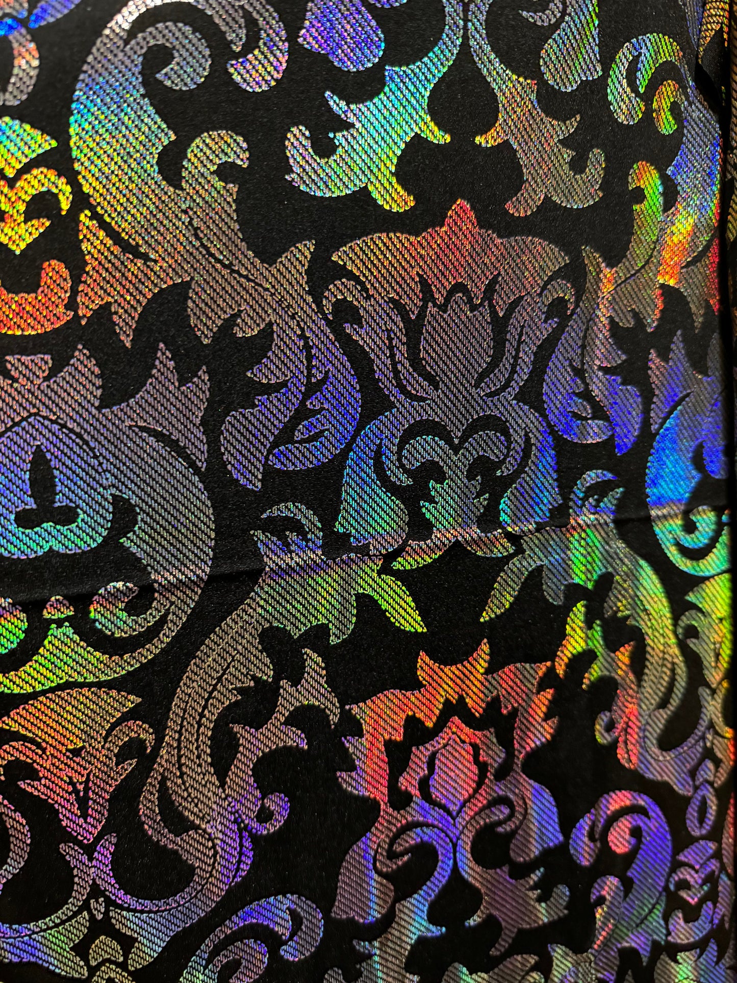 New iridescent damask design hologram metallic nylon spandex 4-way stretch 58/60”Sold by the YD.Ships worldwide from Los Angeles California