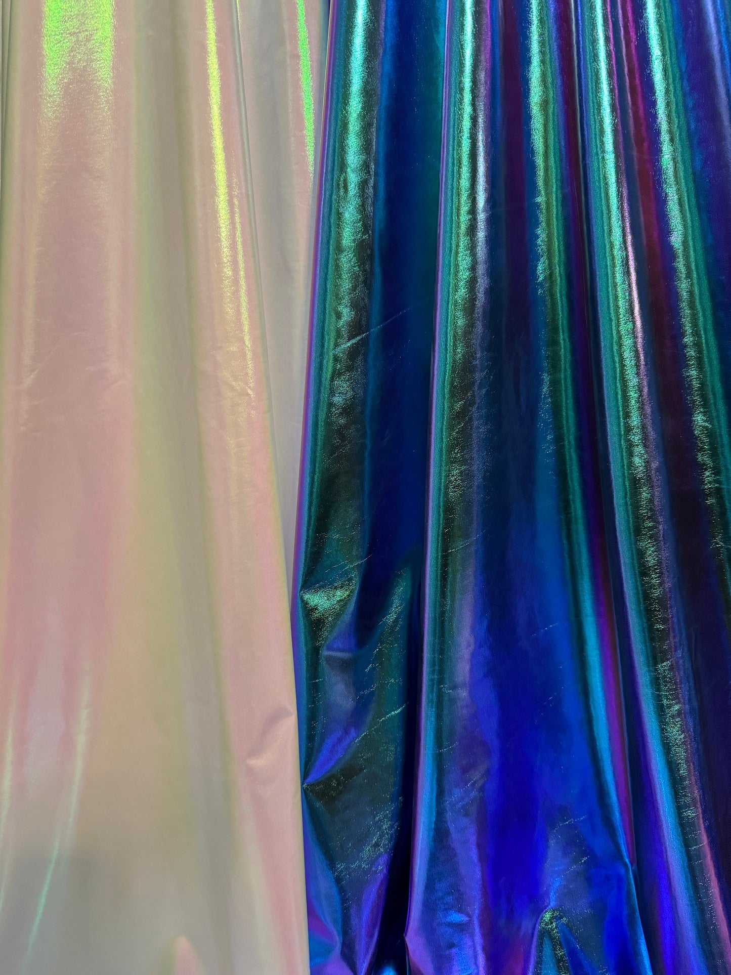 New iridescent all over foil design metallic nylon spandex 4-stretch 58/60”Sold by the YD.Ships worldwide from Los Angeles California USA.