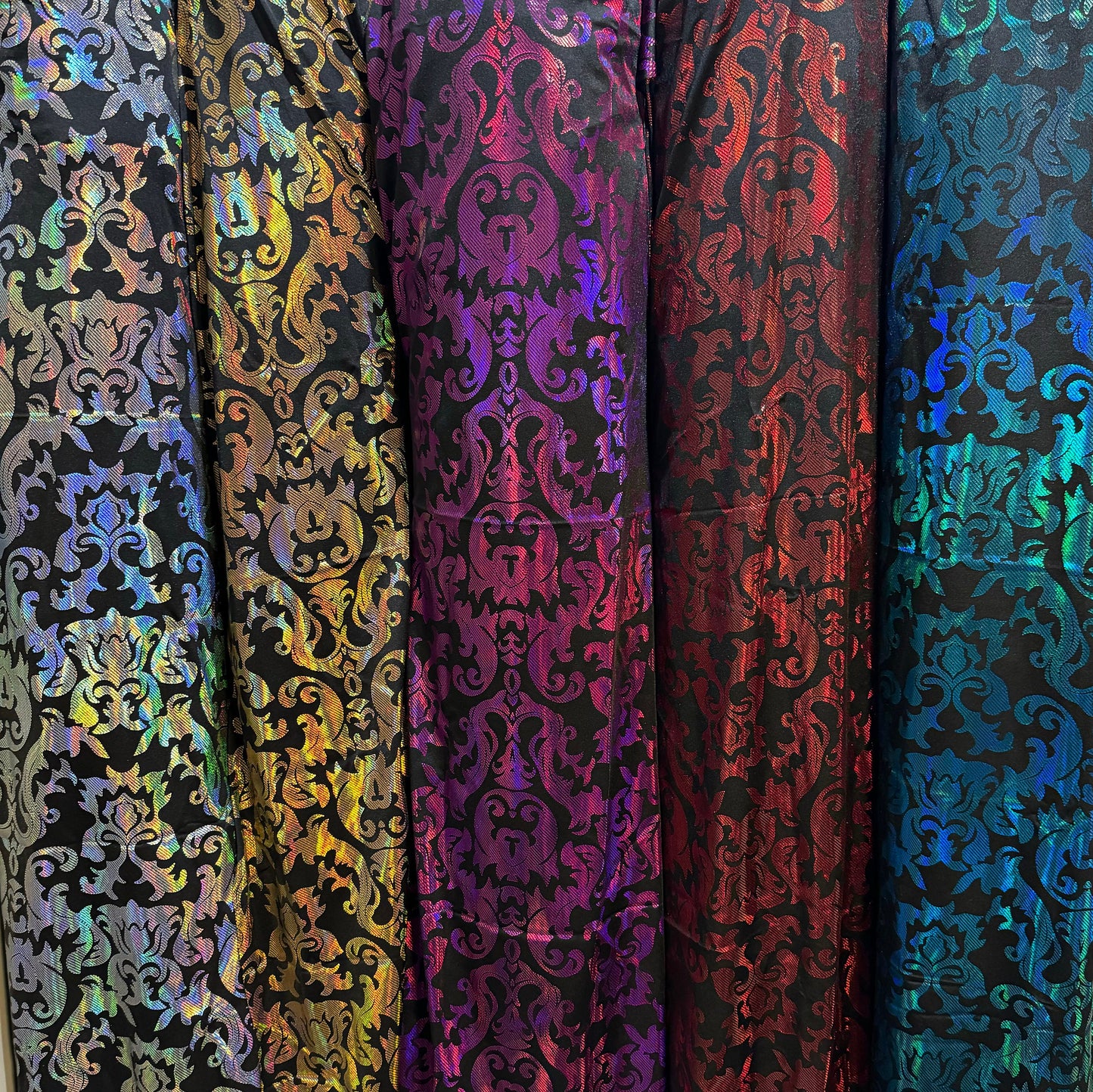 New iridescent damask design hologram metallic nylon spandex 4-way stretch 58/60”Sold by the YD.Ships worldwide from Los Angeles California