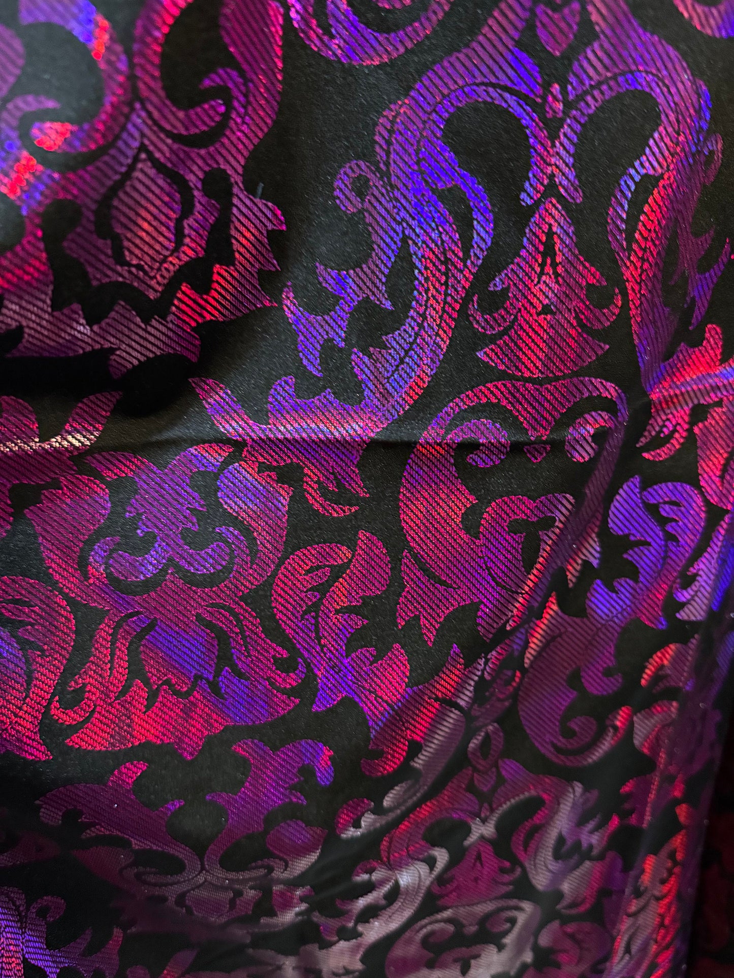 New iridescent damask design hologram metallic nylon spandex 4-way stretch 58/60”Sold by the YD.Ships worldwide from Los Angeles California