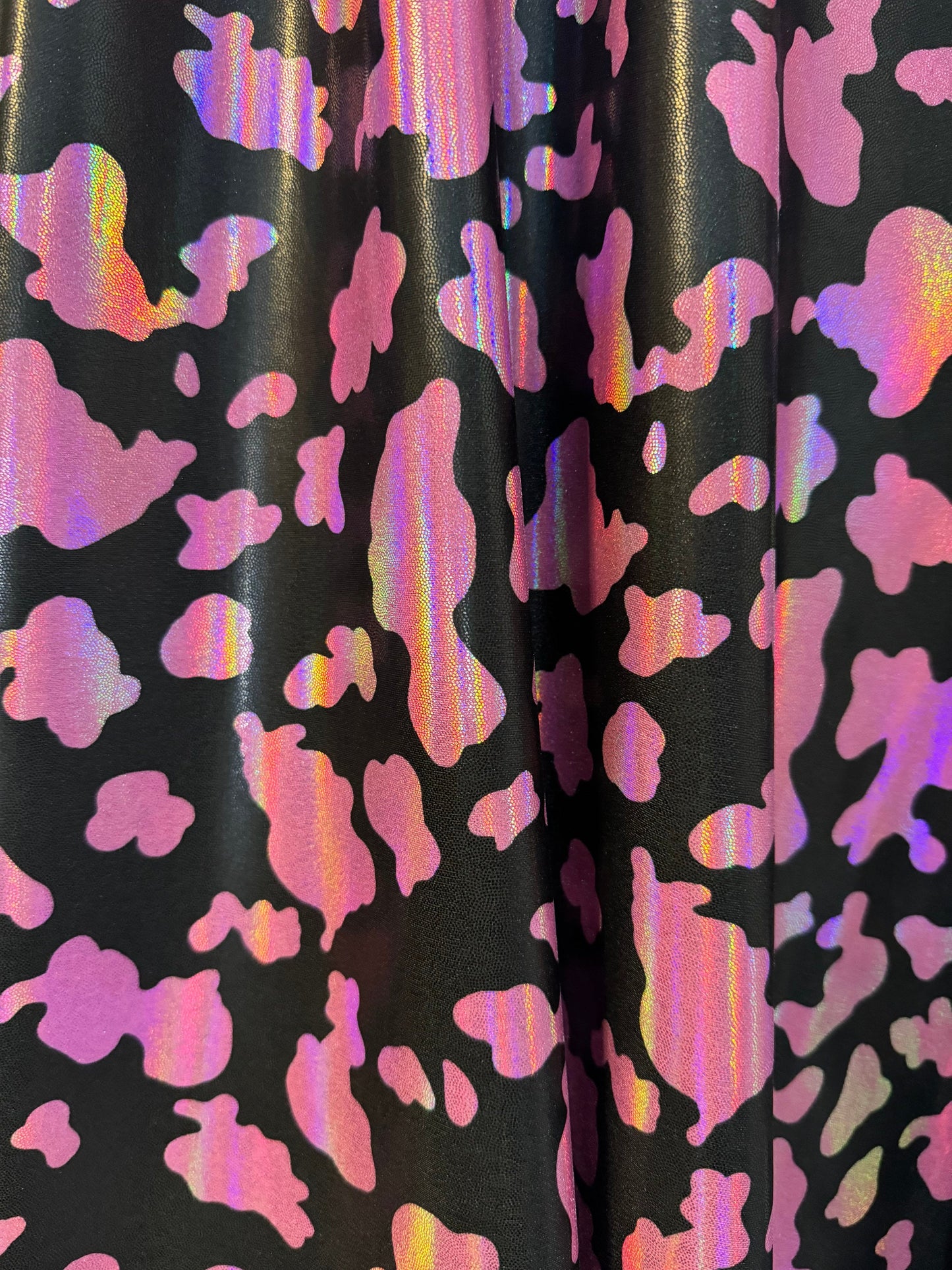 New luxury cow pattern design print on nylon spandex metallic hologram4-way stretch 58/60”sold by the YD.Ships worldwide from Los Angeles CA