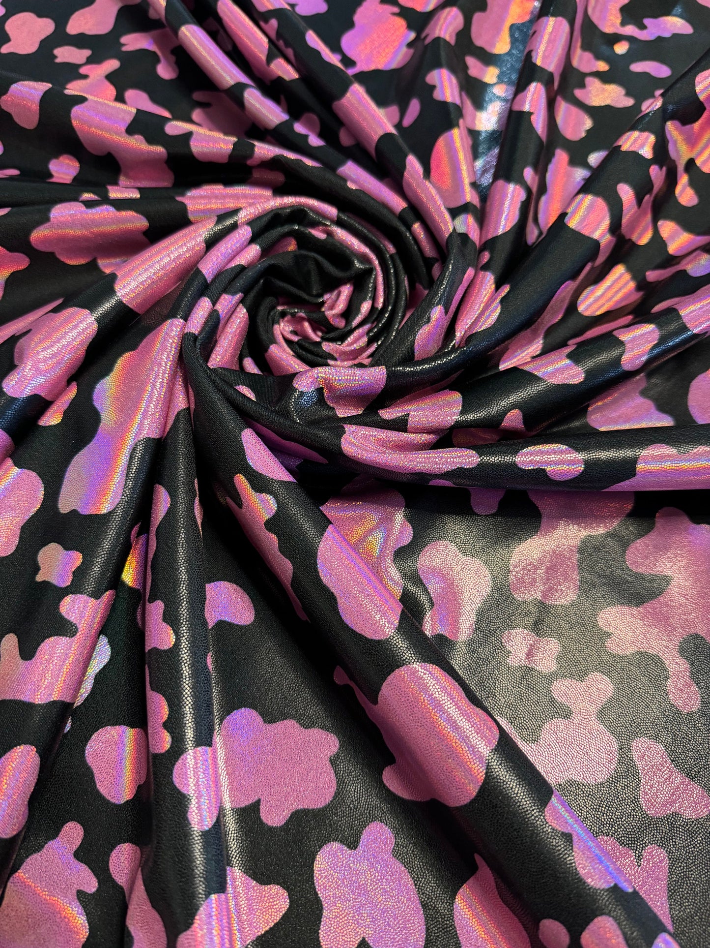 New luxury cow pattern design print on nylon spandex metallic hologram4-way stretch 58/60”sold by the YD.Ships worldwide from Los Angeles CA