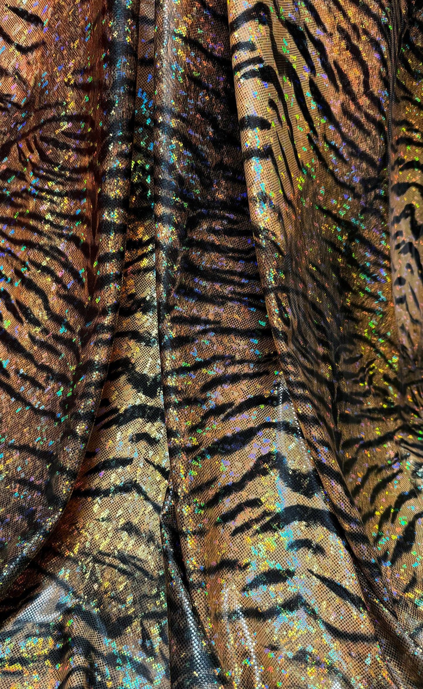 luxury Exotic tiger design print on shattered glass holograma metallic nylon spandex 4way stretch 58/60” by the YD.Ships worldwide from LA.