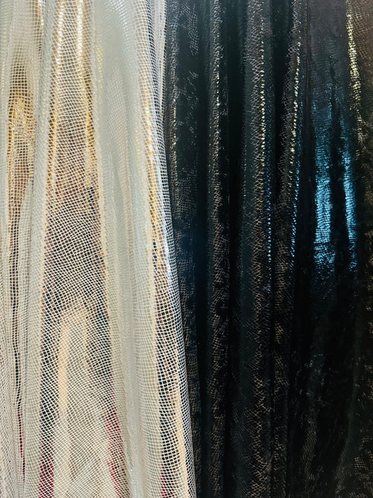 New Reptile Scales design print on metallic stretch velvet poly spandex 4way stretch 58/60” by the YD.Ships worldwide from Los Angeles CA.