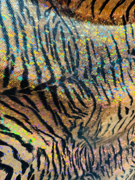 Luxury Exotic tiger design print on shattered glass holograma metallic nylon spandex 4way stretch 58/60”Sold by the YD.