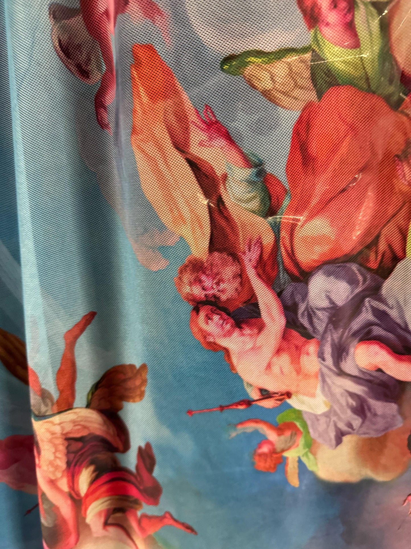 New angels and clouds design print on power mesh nylon spandex4-stretch 58/60”sold by the YD.Ships worldwide from Los Angeles California.