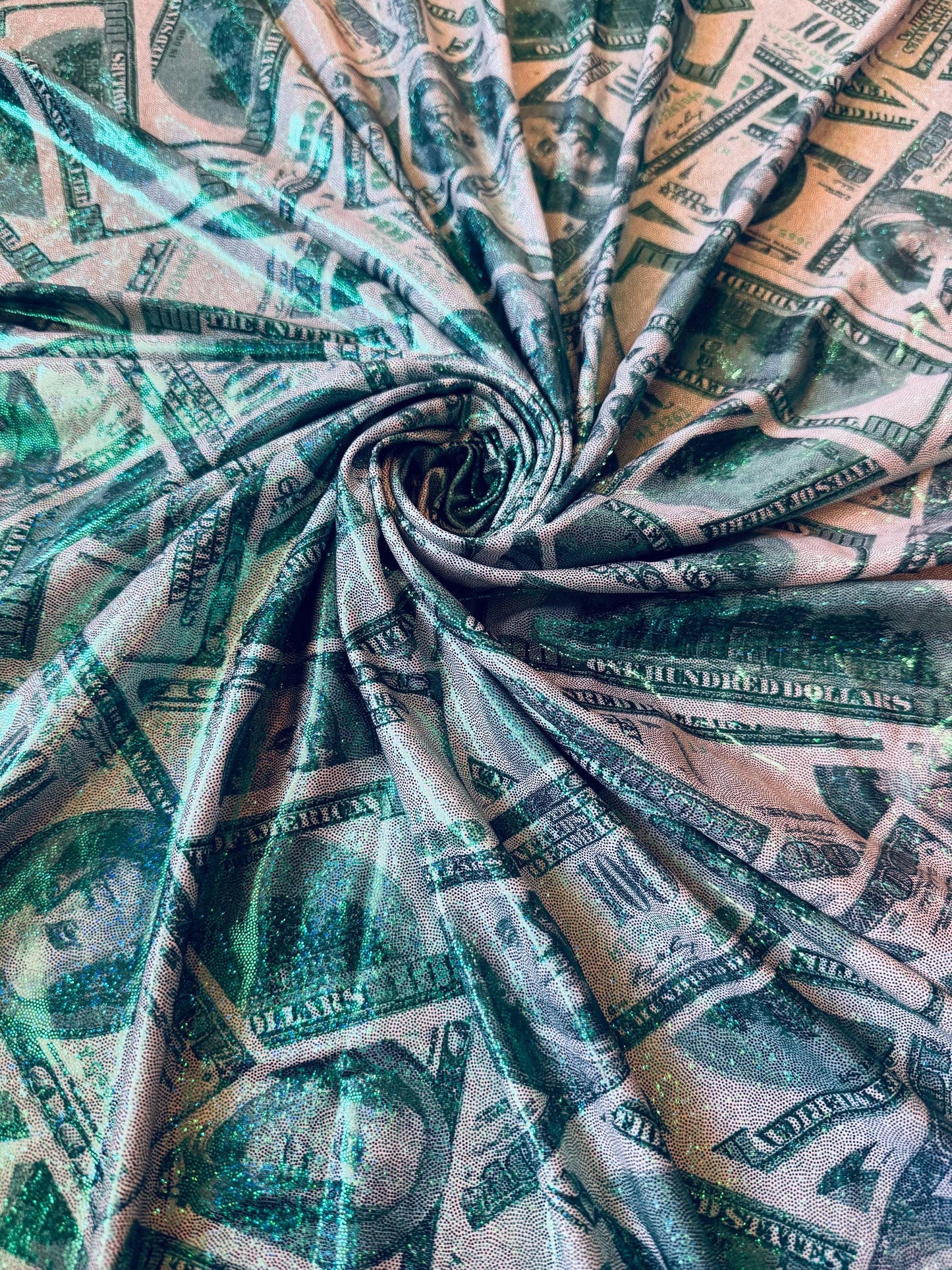 New 100 dollar bill design print on metallic nylon spandex 4-way stretch 58/60”sold by the YD.ships worldwide from Los Angeles California