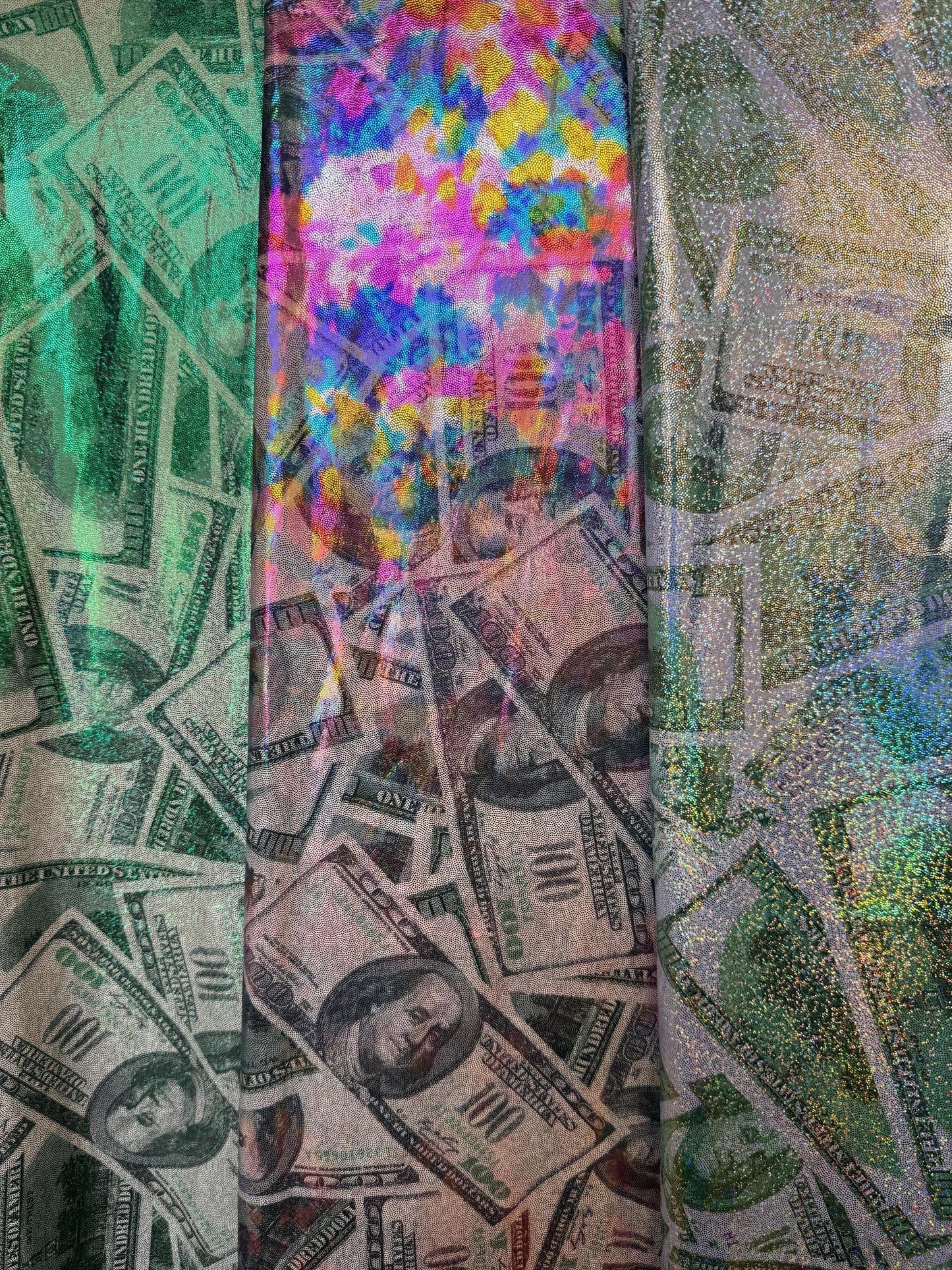 New 100 dollar bill design print on metallic nylon spandex 4-way stretch 58/60”sold by the YD.ships worldwide from Los Angeles California