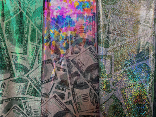 New 100 dollar bill design print on metallic nylon spandex 4-way stretch 58/60”sold by the YD.ships worldwide from Los Angeles California