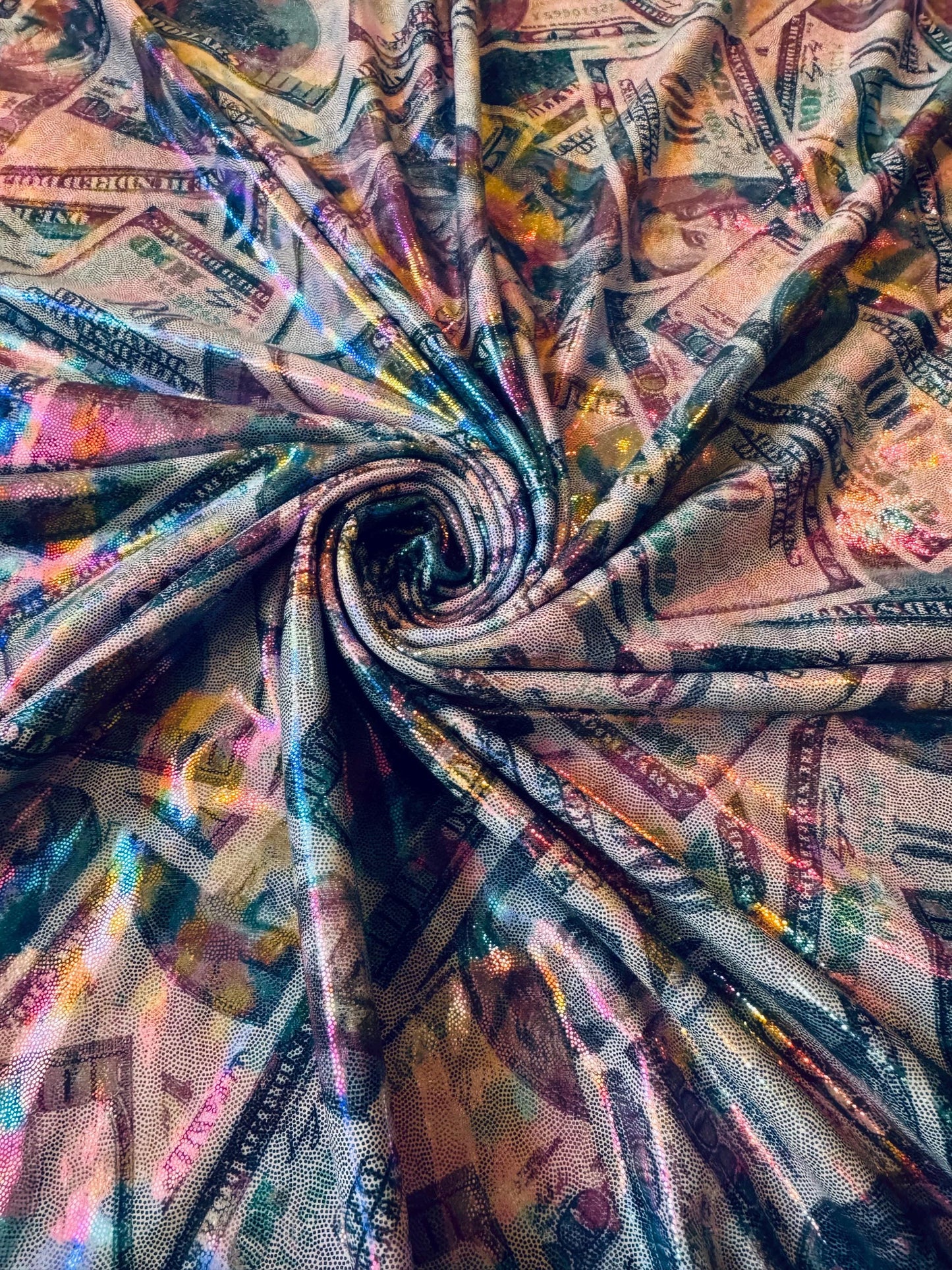 New 100 dollar bill design print on metallic nylon spandex 4-way stretch 58/60”sold by the YD.ships worldwide from Los Angeles California