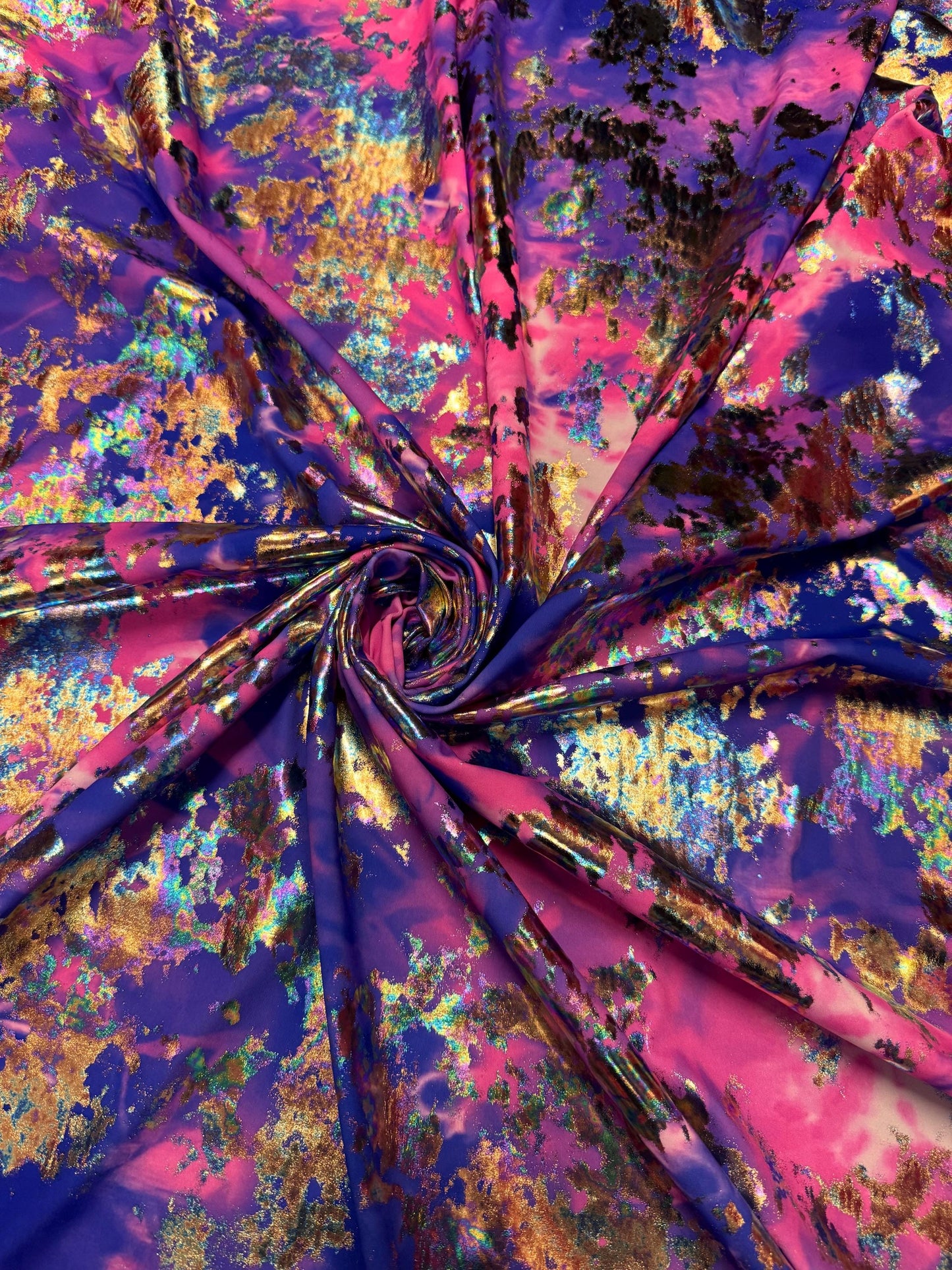 NEW Modern Tie Dye design with metallic print on the best quality of nylon spandex-4 58/60”sold by the YD.ships worldwide from Los Angeles