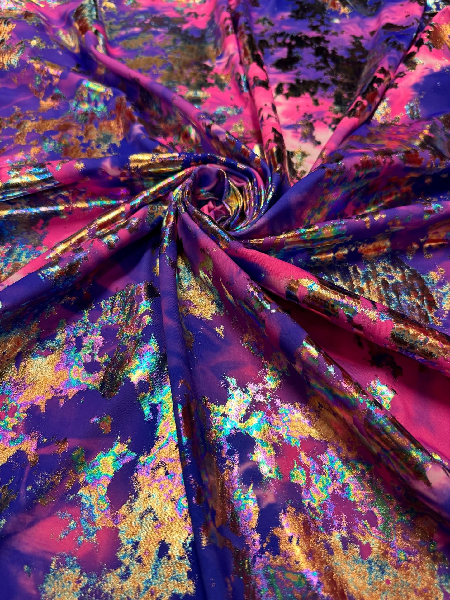 NEW Modern Tie Dye design with metallic print on the best quality of nylon spandex-4 58/60”sold by the YD.ships worldwide from Los Angeles