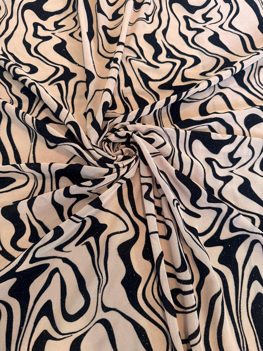 Modern abstract mesh with floking design nylon spandex 4-way stretch 58/60” sold by the YD.ships worldwide from Los Ángeles CA.