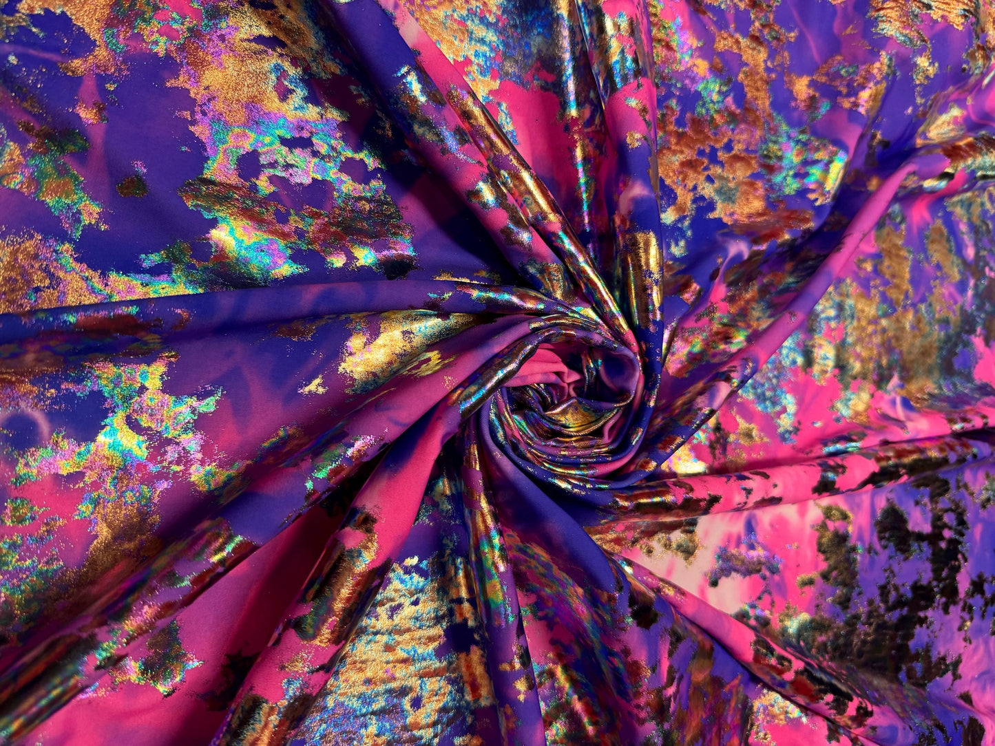 NEW Modern Tie Dye design with metallic print on the best quality of nylon spandex-4 58/60”sold by the YD.ships worldwide from Los Angeles