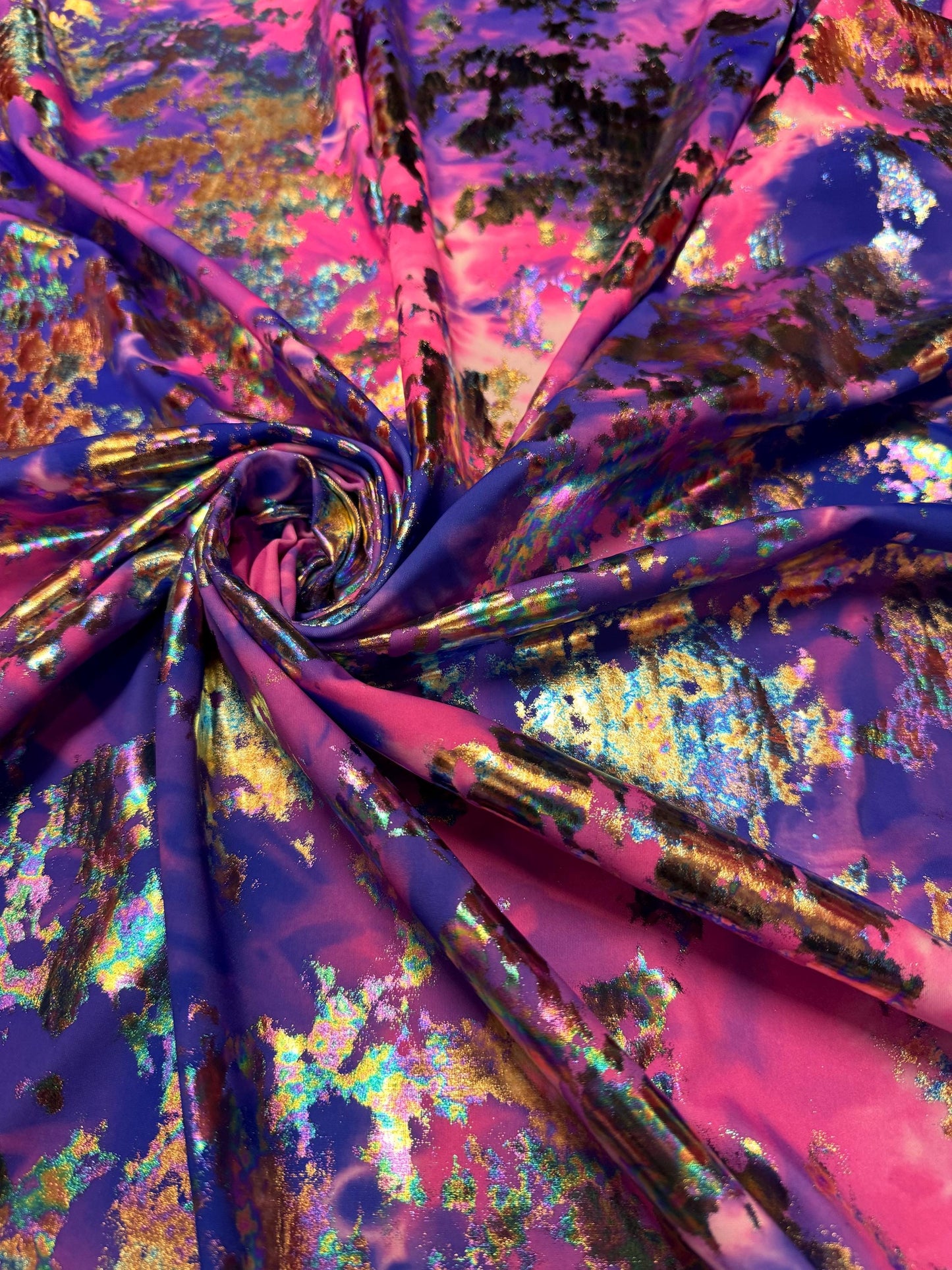 NEW Modern Tie Dye design with metallic print on the best quality of nylon spandex-4 58/60”sold by the YD.ships worldwide from Los Angeles