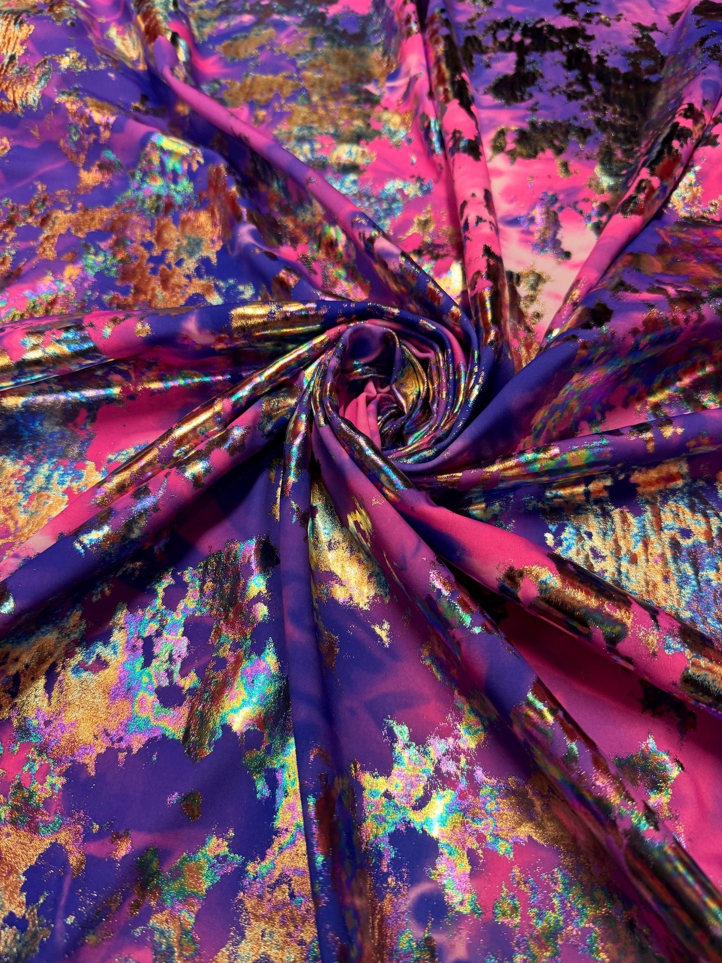 NEW Modern Tie Dye design with metallic print on the best quality of nylon spandex-4 58/60”sold by the YD.ships worldwide from Los Angeles