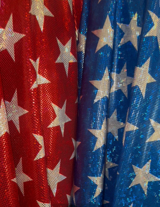 New Stars pattern design print on metallic shattered glass hologram nylon spandex 4-way stretch 58/60”Sold by the YD.Ships worldwide from LA