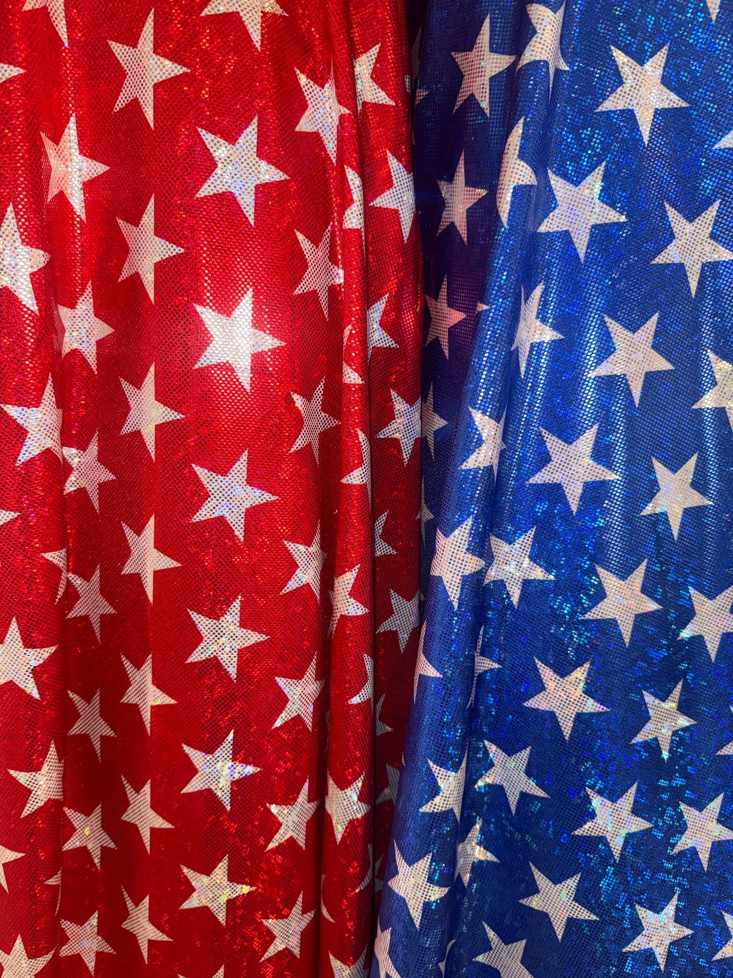 New Stars pattern design print on metallic shattered glass hologram nylon spandex 4-way stretch 58/60”Sold by the YD.Ships worldwide from LA