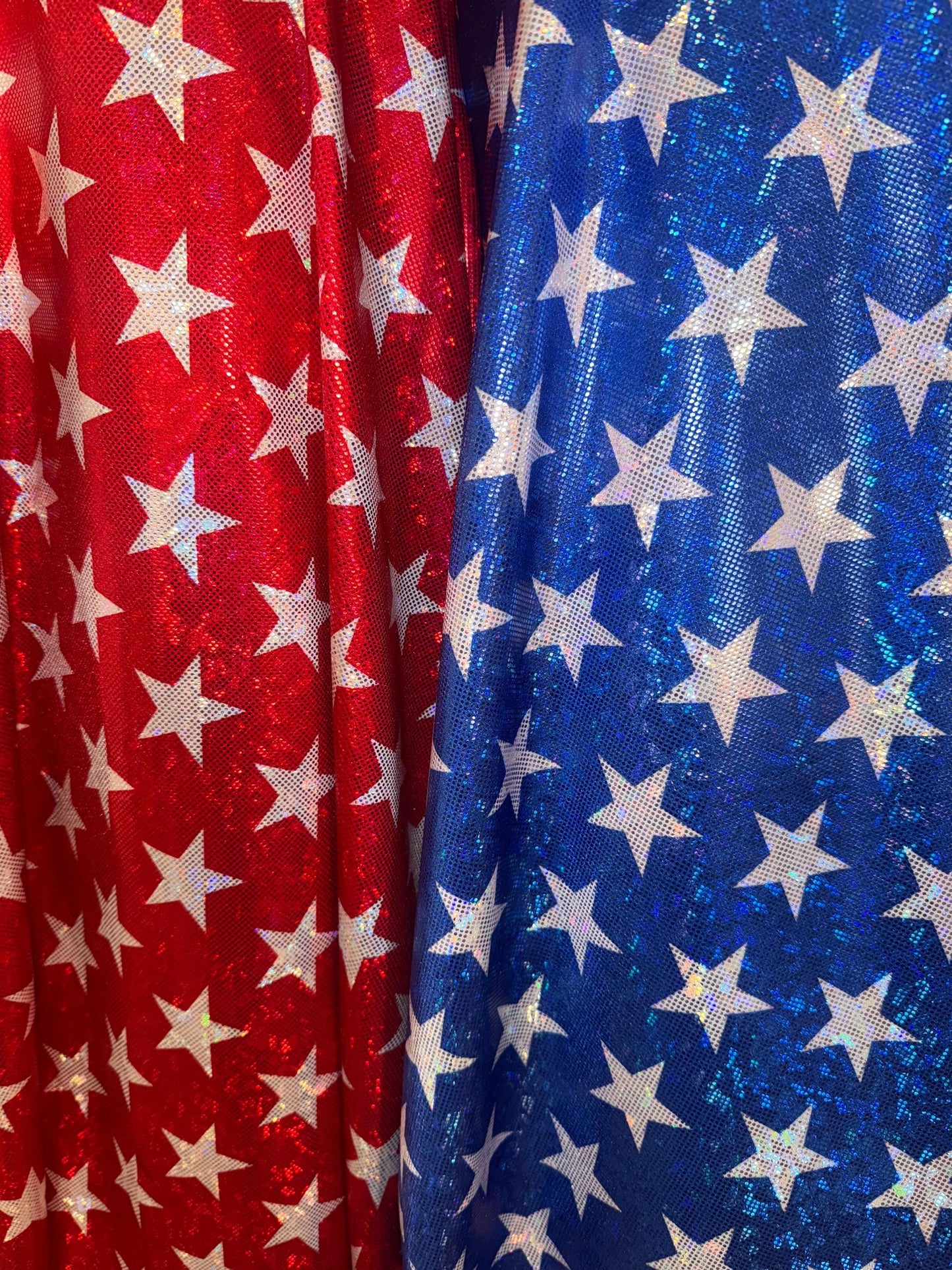 New Stars pattern design print on metallic shattered glass hologram nylon spandex 4-way stretch 58/60”Sold by the YD.Ships worldwide from LA