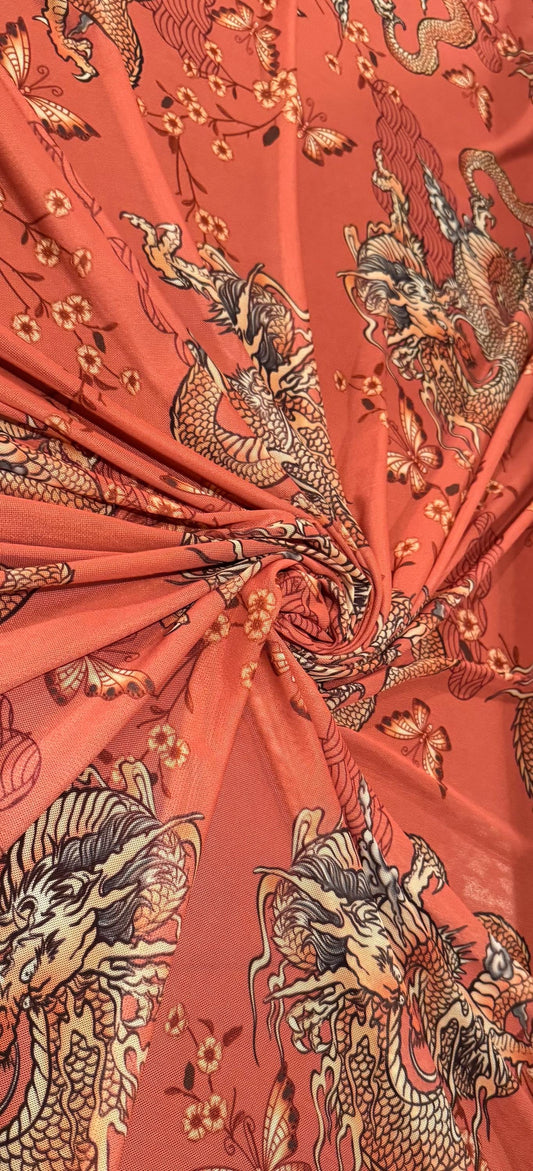 New Chinese Dragon design power mesh nylon spandex 4-way stretch 58/60”sold by the YD.ships worldwide from Los Angeles California USA