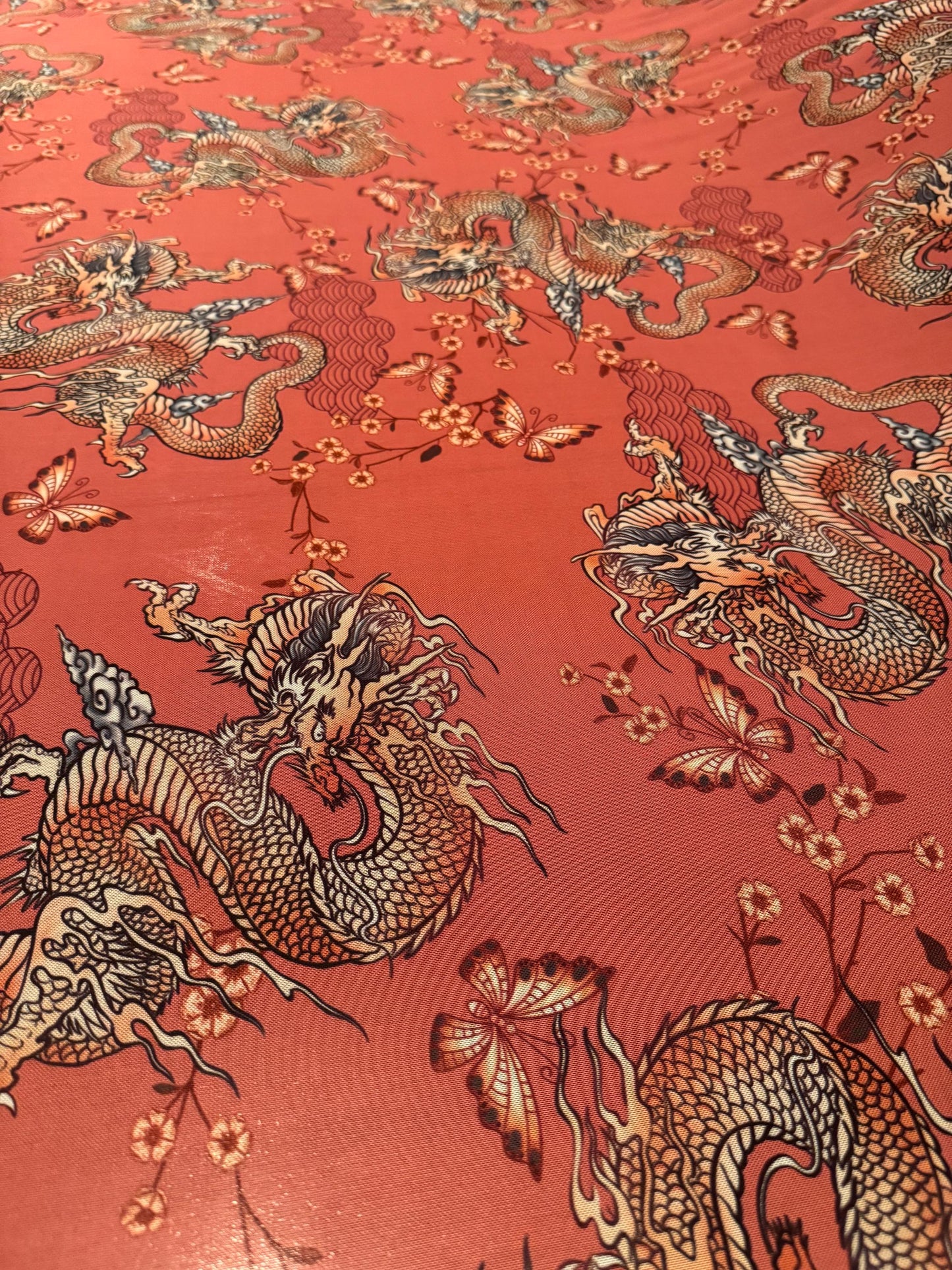 New Chinese Dragon design power mesh nylon spandex 4-way stretch 58/60”sold by the YD.ships worldwide from Los Angeles California USA