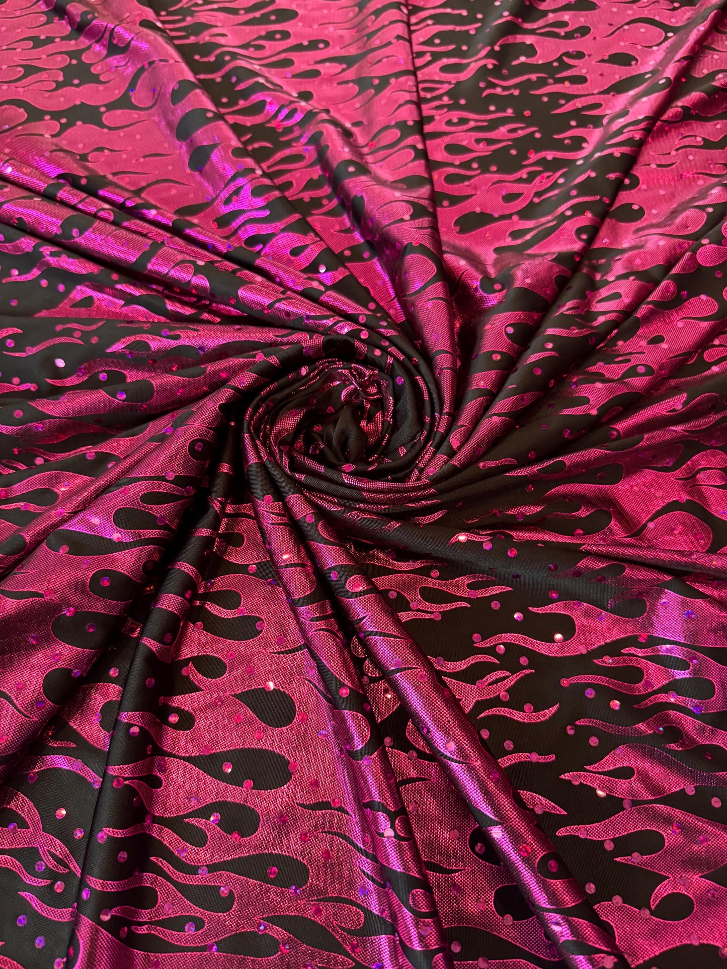 New Flames hologram metallic design print on poly spandex 2-way stretch 58/60”sold by the YD.Ships worldwide from Los Angeles CA